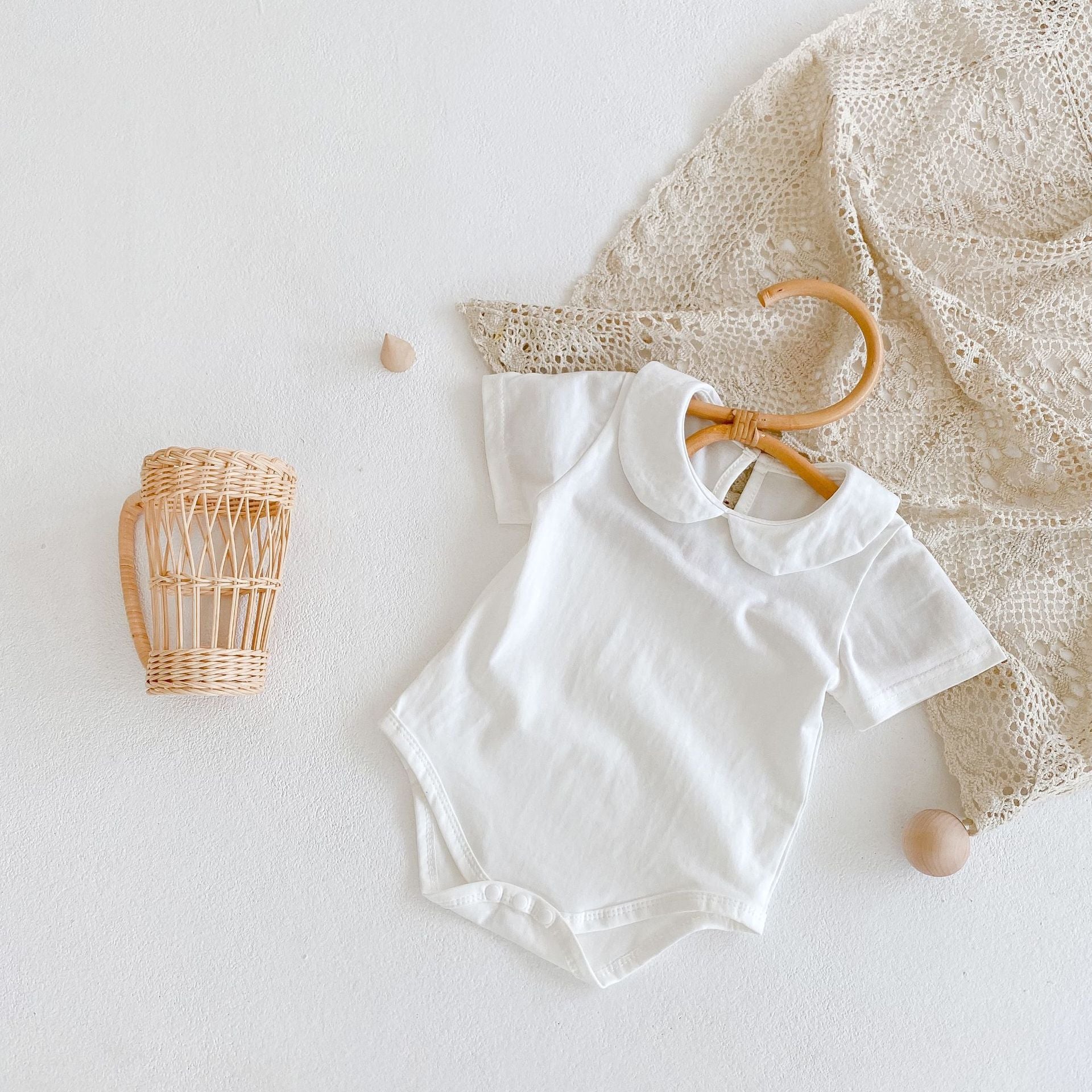 【BABY】綿生地ドット＆ワンカラーホワイトロンパース CawaKomostore