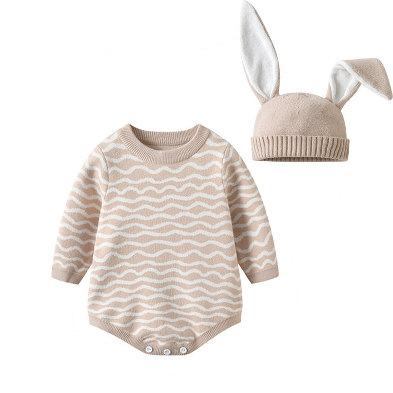 【BABY】なみなみボーダーニットロンパース(うさ耳ニット帽付き) CawaKomostore
