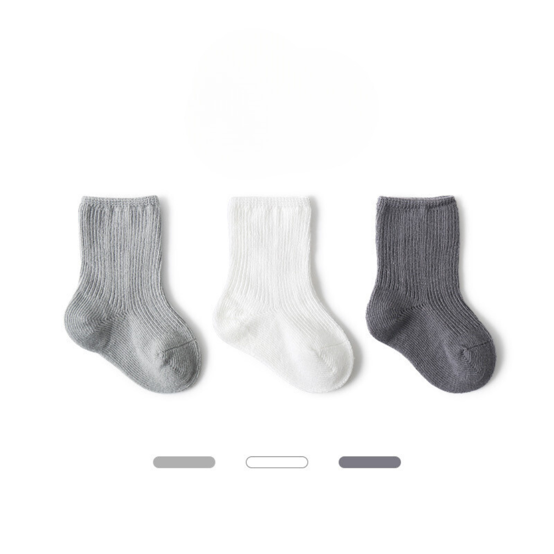 【BABY】3pcsシンプルクルーソックス (組み合わせ6種類) CawaKomostore