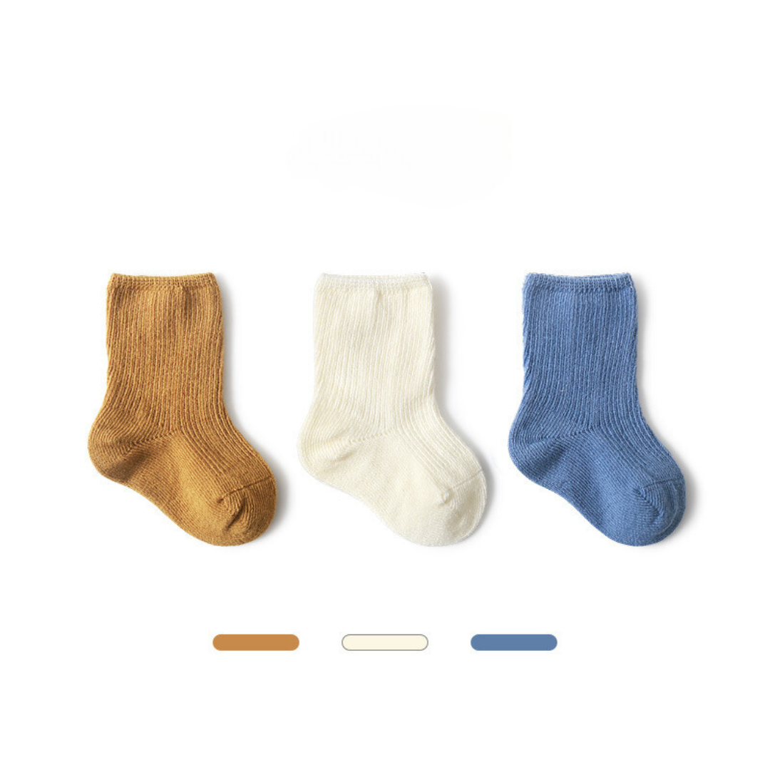 【BABY】3pcsシンプルクルーソックス (組み合わせ6種類) CawaKomostore