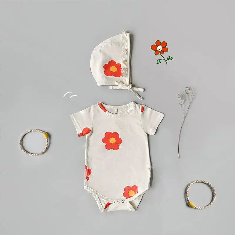 【BABY】赤い花柄ロンパース/ボンネット付き CawaKomostore