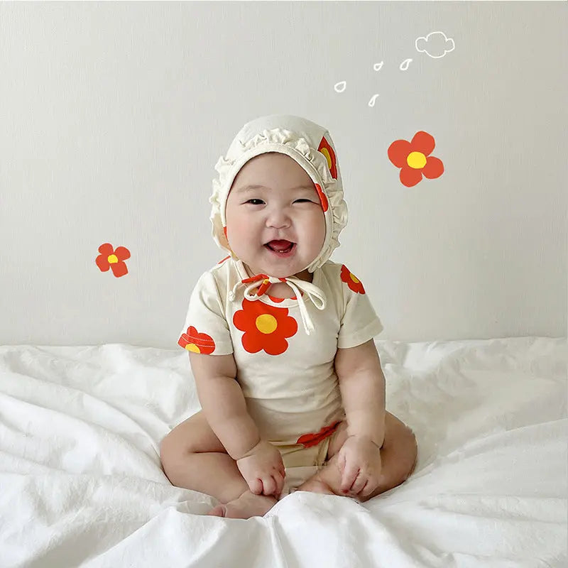 【BABY】赤い花柄ロンパース/ボンネット付き CawaKomostore