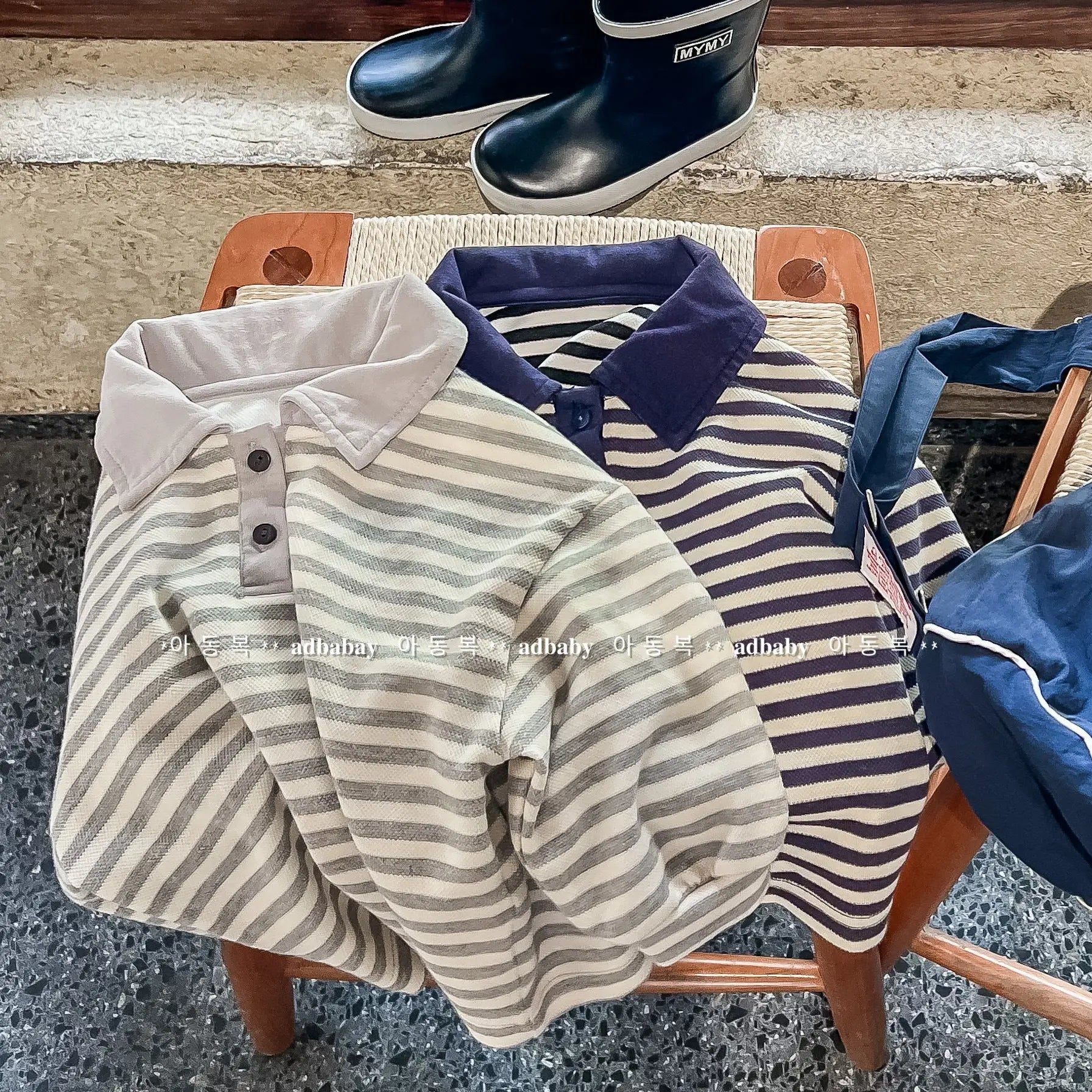 【GIRL・BOY】ポロネックボーダー柄長袖シャツ CawaKomostore