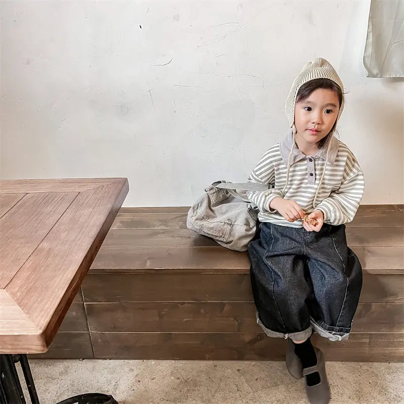 【GIRL・BOY】ポロネックボーダー柄長袖シャツ CawaKomostore