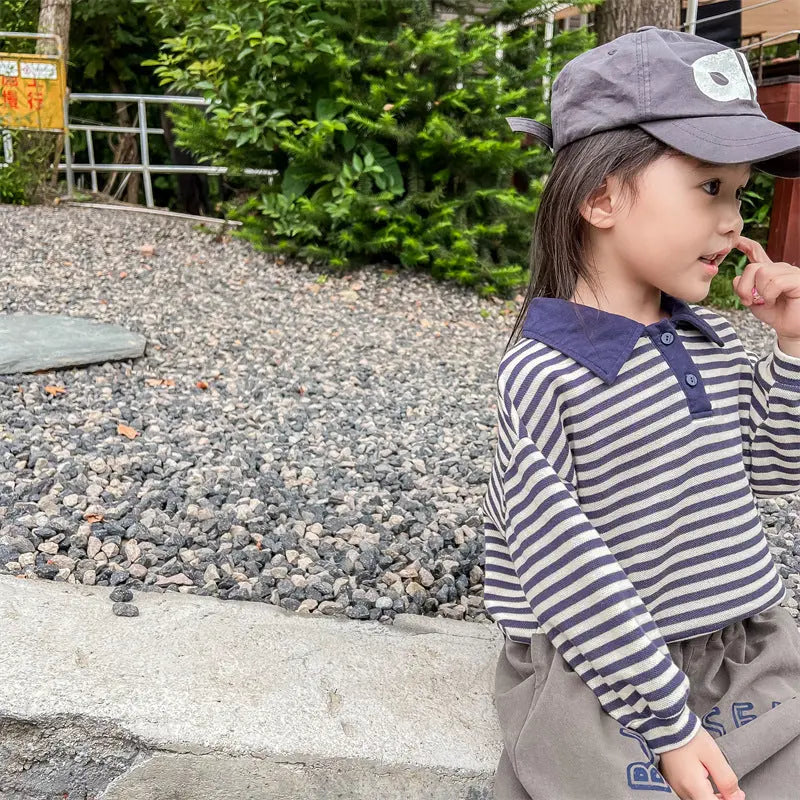 【GIRL・BOY】ポロネックボーダー柄長袖シャツ CawaKomostore