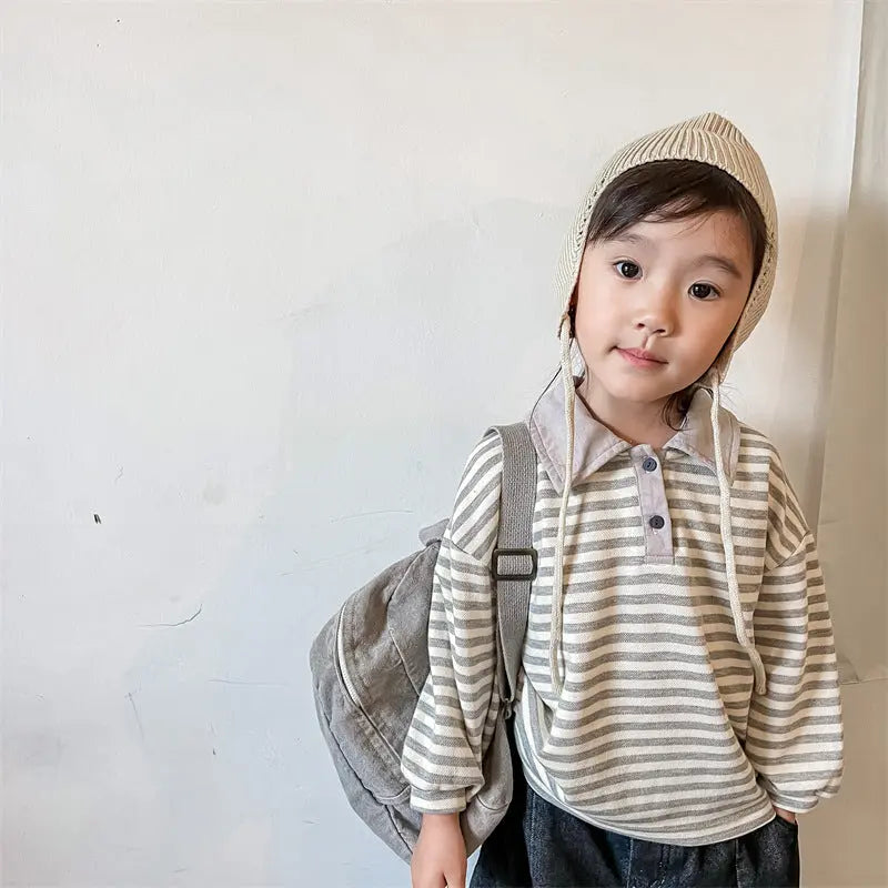 【GIRL・BOY】ポロネックボーダー柄長袖シャツ CawaKomostore