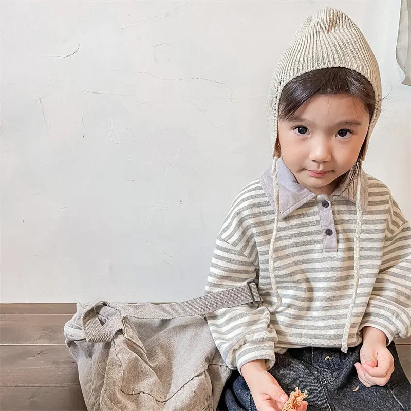 【GIRL・BOY】ポロネックボーダー柄長袖シャツ CawaKomostore