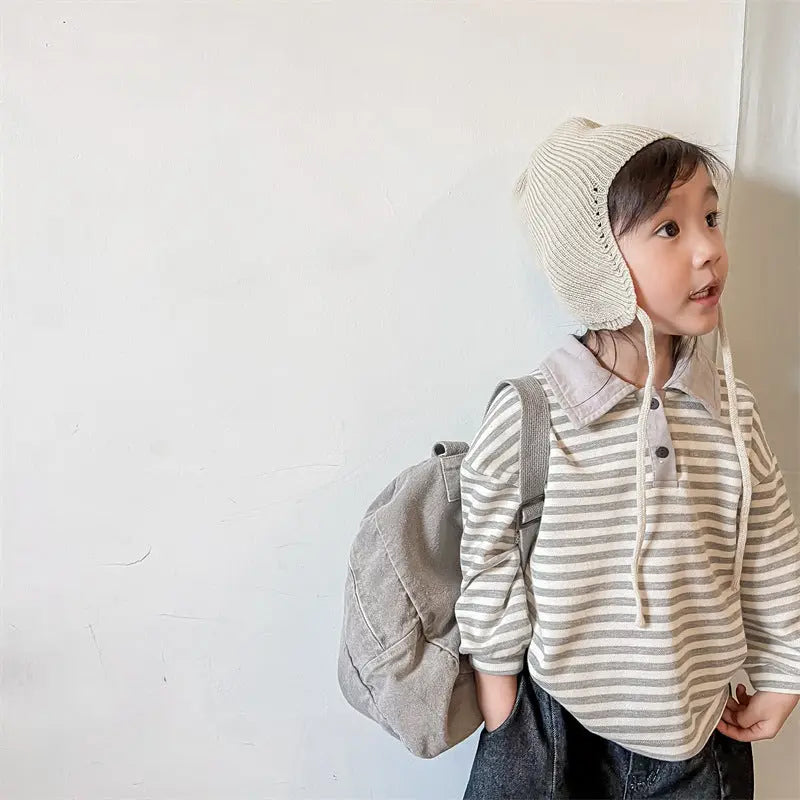 【GIRL・BOY】ポロネックボーダー柄長袖シャツ CawaKomostore