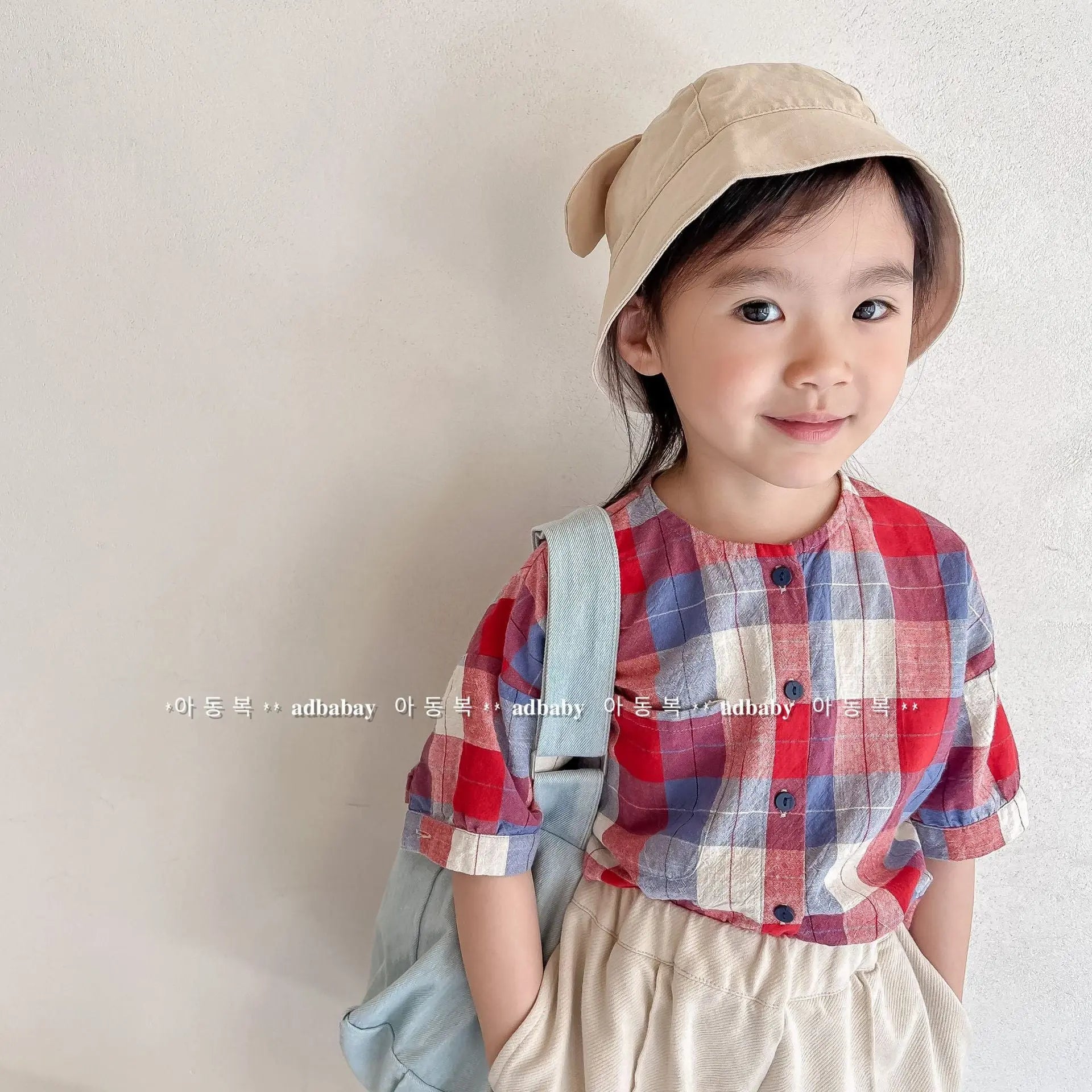 【GIRL・BOY】ノーカラー半袖シャツ　BIGチェック　 CawaKomostore