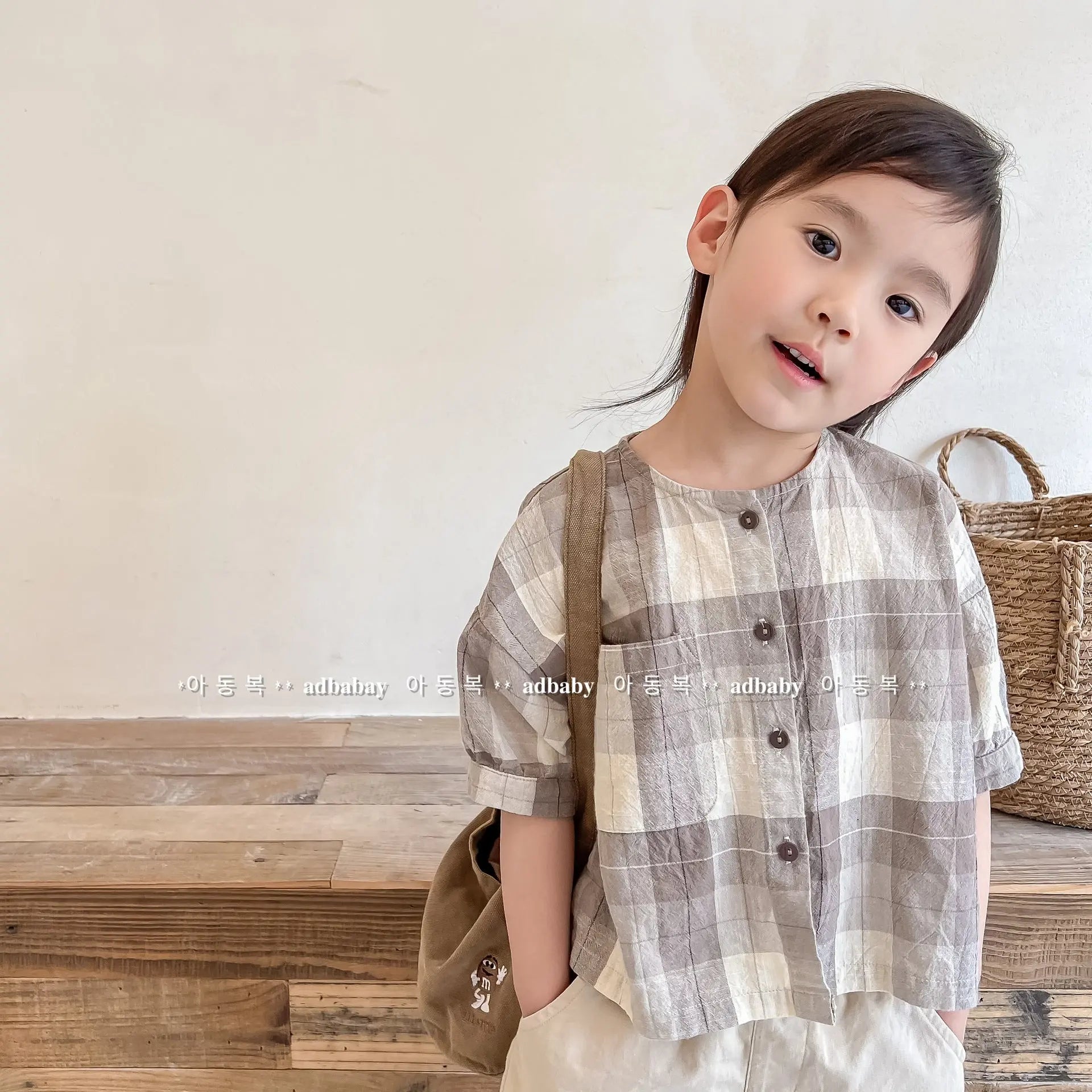 【GIRL・BOY】ノーカラー半袖シャツ　BIGチェック　 CawaKomostore