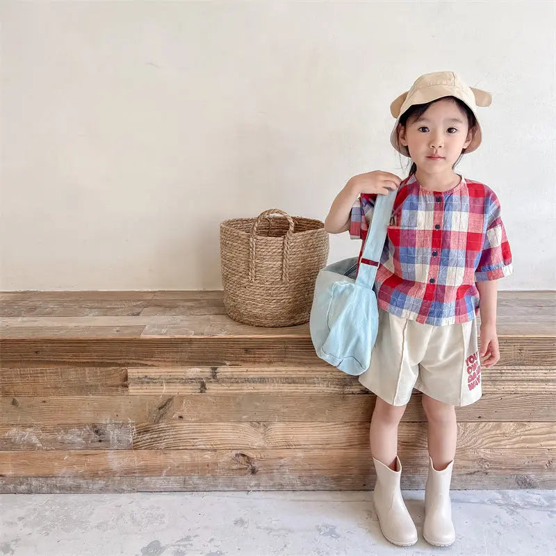 【GIRL・BOY】ノーカラー半袖シャツ　BIGチェック　 CawaKomostore