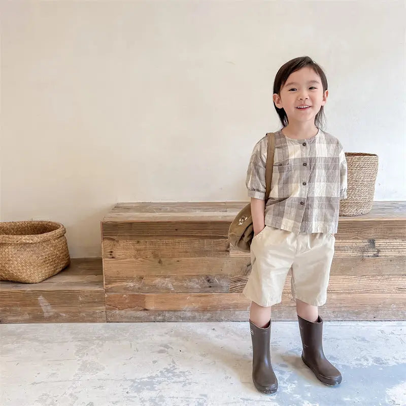 【GIRL・BOY】ノーカラー半袖シャツ　BIGチェック　 CawaKomostore