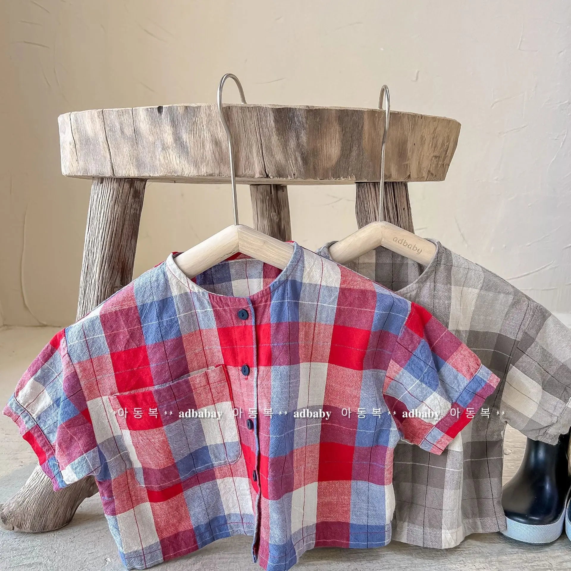 【GIRL・BOY】ノーカラー半袖シャツ　BIGチェック　 CawaKomostore