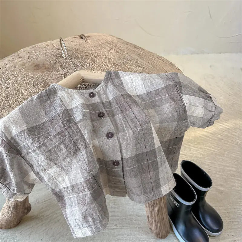 【GIRL・BOY】ノーカラー半袖シャツ　BIGチェック　 CawaKomostore