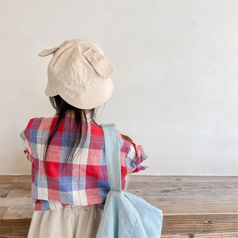 【GIRL・BOY】ノーカラー半袖シャツ　BIGチェック　 CawaKomostore