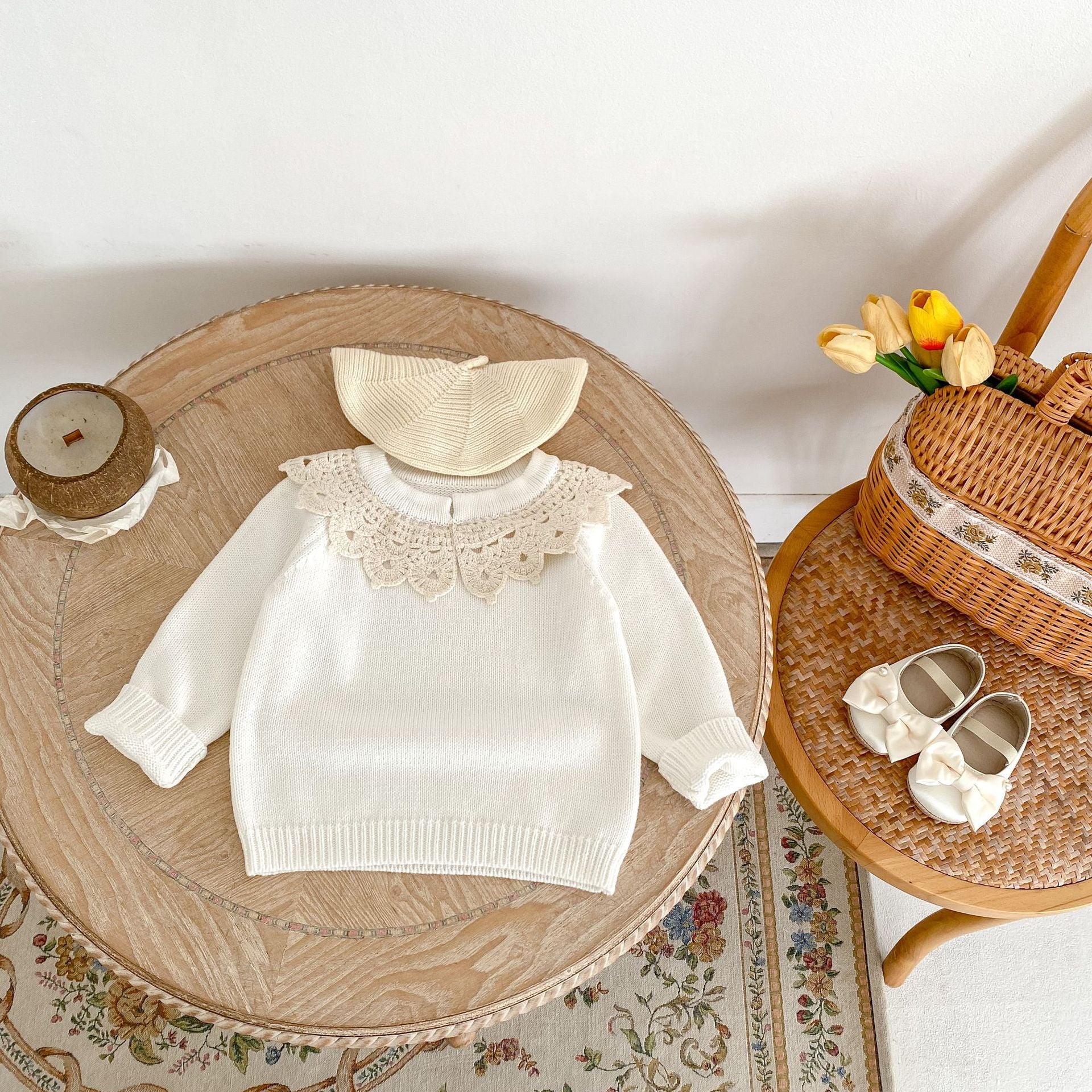 【baby】ベージュレースホワイト ニットトップス CawaKomostore