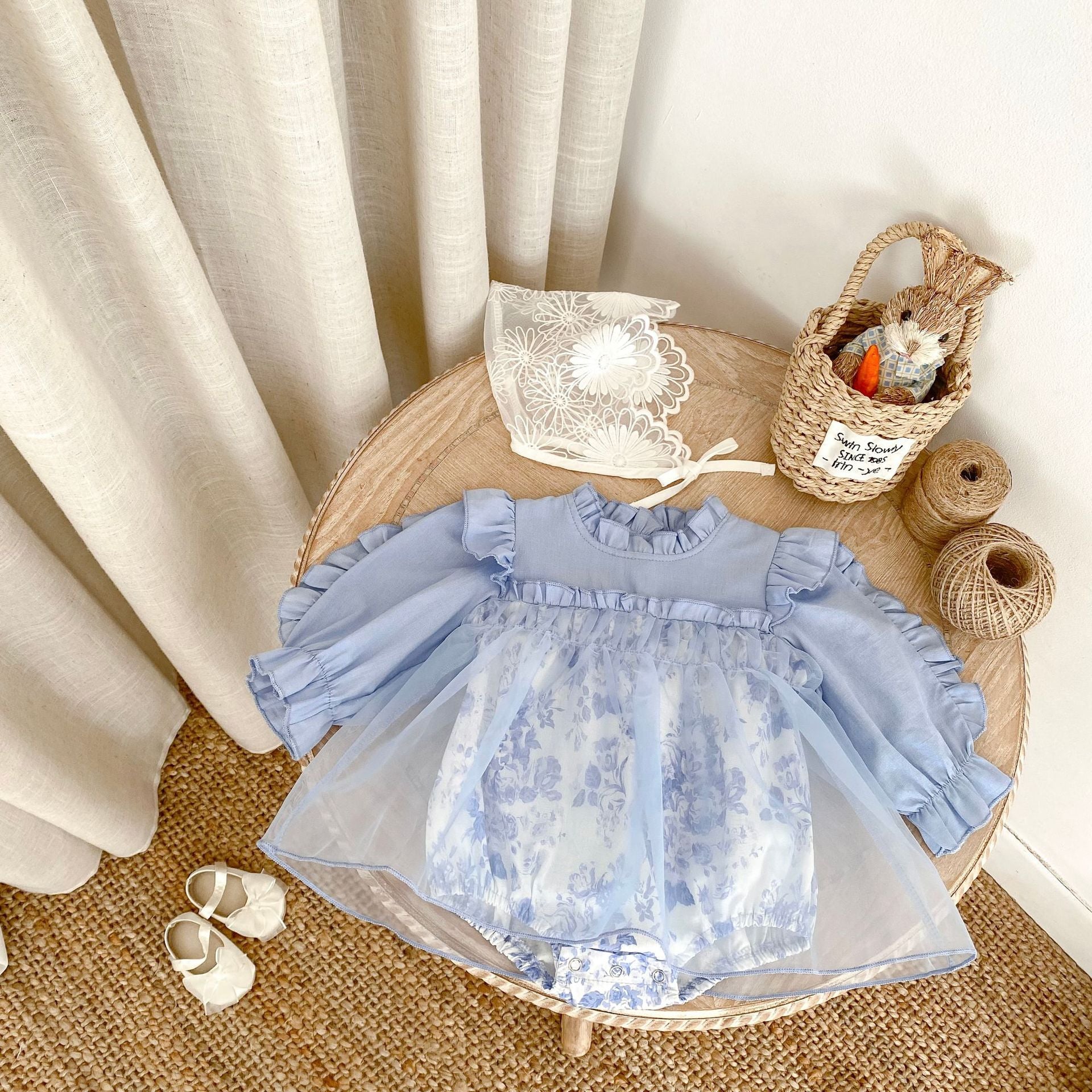 【BABY】縁取りフリルレースロンパース(blue)