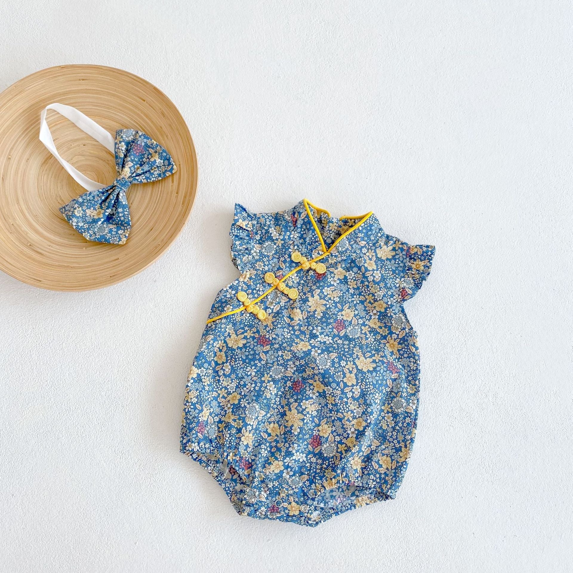【BABY】青チャイナ結び ワンピース / ロンパース CawaKomostore