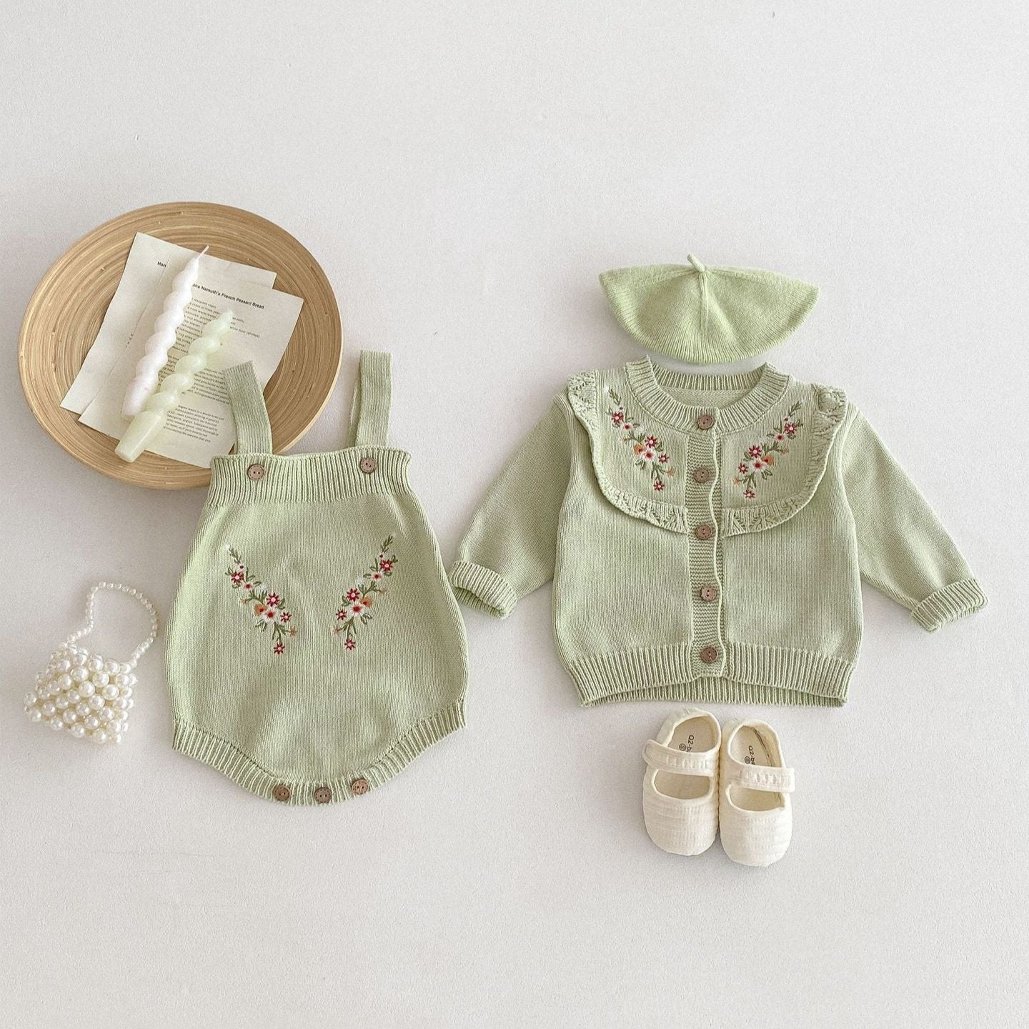 【BABY】花柄刺繍ワンカラーセットアップ(green/pink)