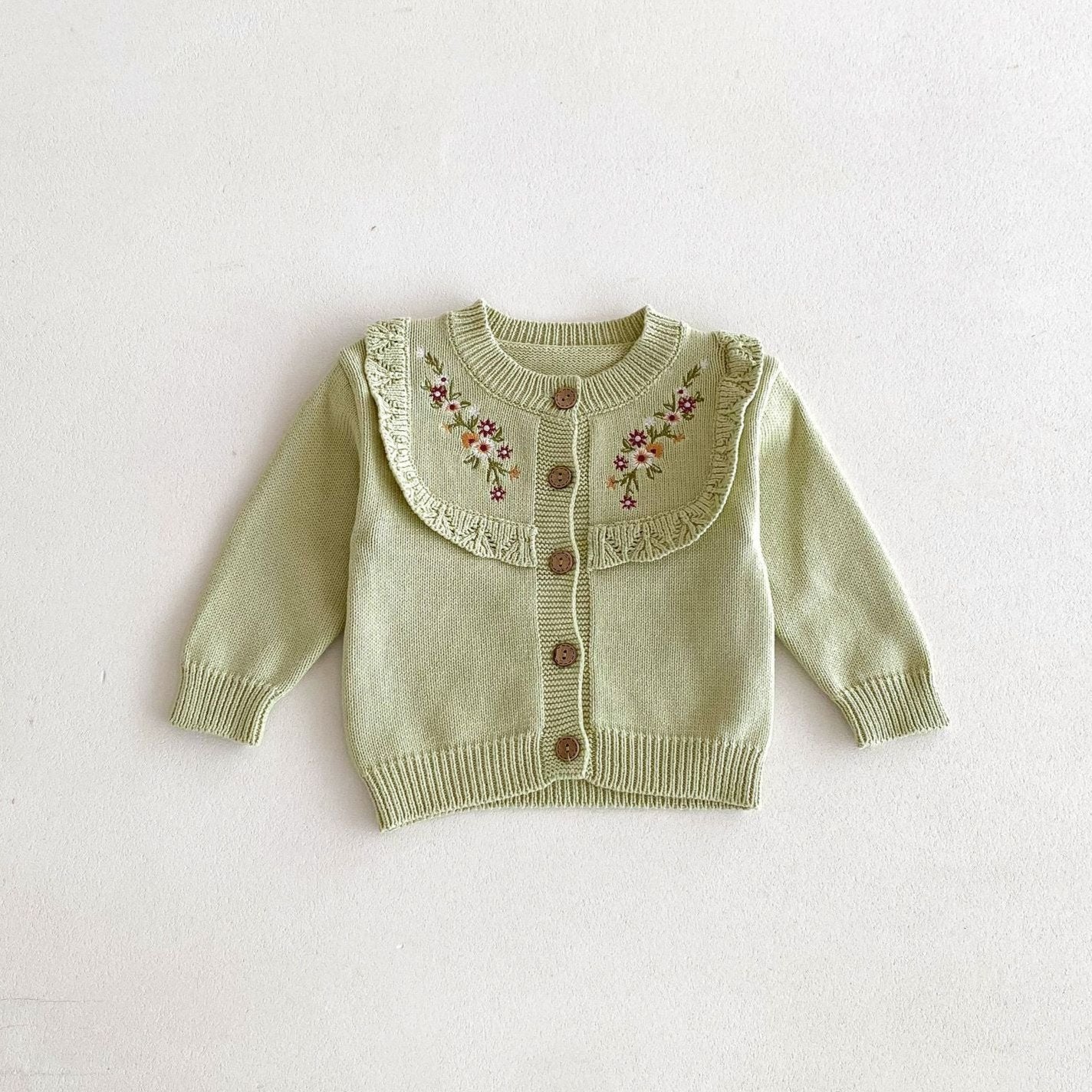 【BABY】花柄刺繍ワンカラーセットアップ(green/pink)