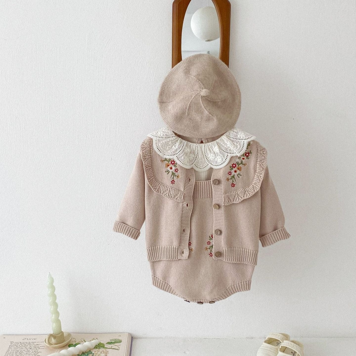 【BABY】花柄刺繍ワンカラーセットアップ(green/pink)