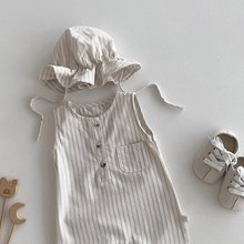 【BABY】ストライプノースリーブカバーオール（帽子付き）