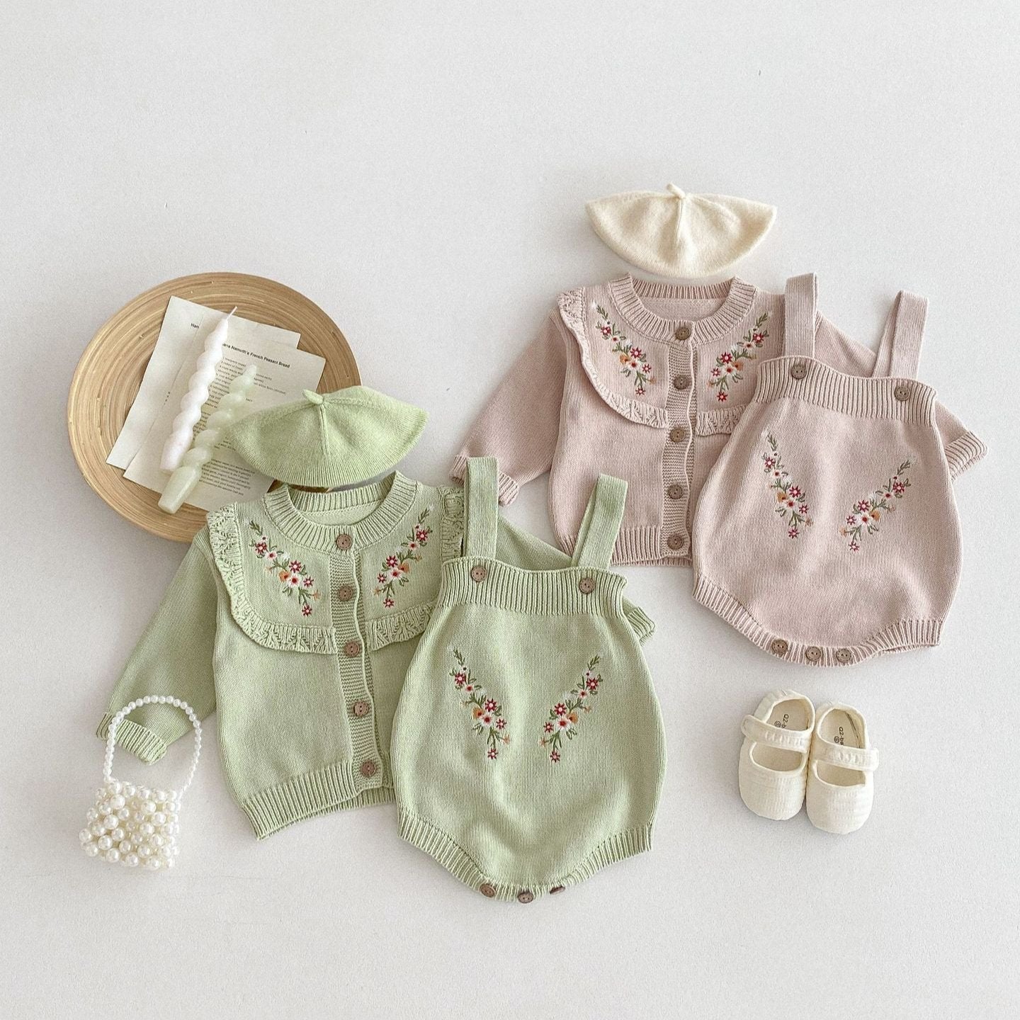 【BABY】花柄刺繍ワンカラーセットアップ(green/pink)