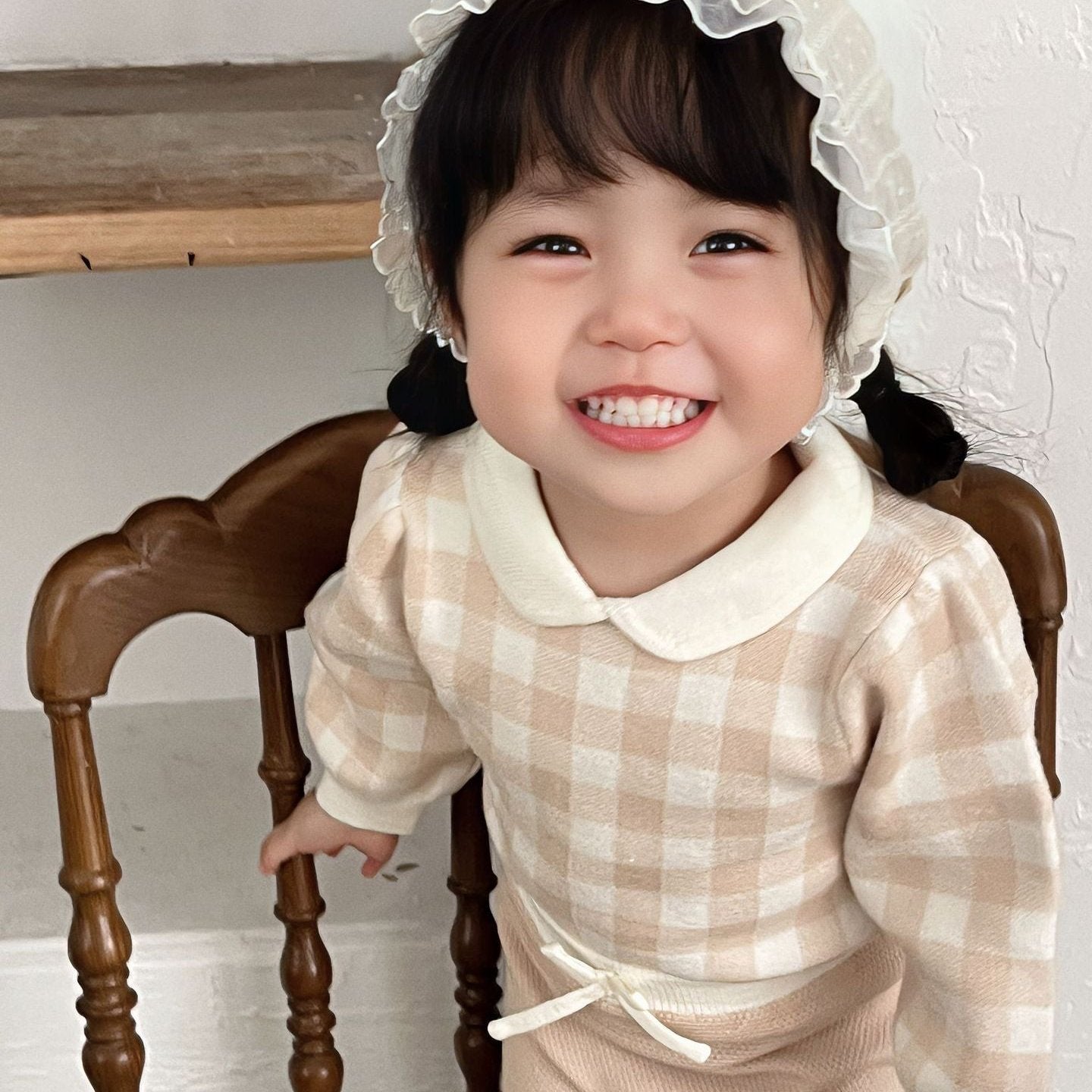 【BABY】ニットチェック柄、ウサギブルマセットアップ