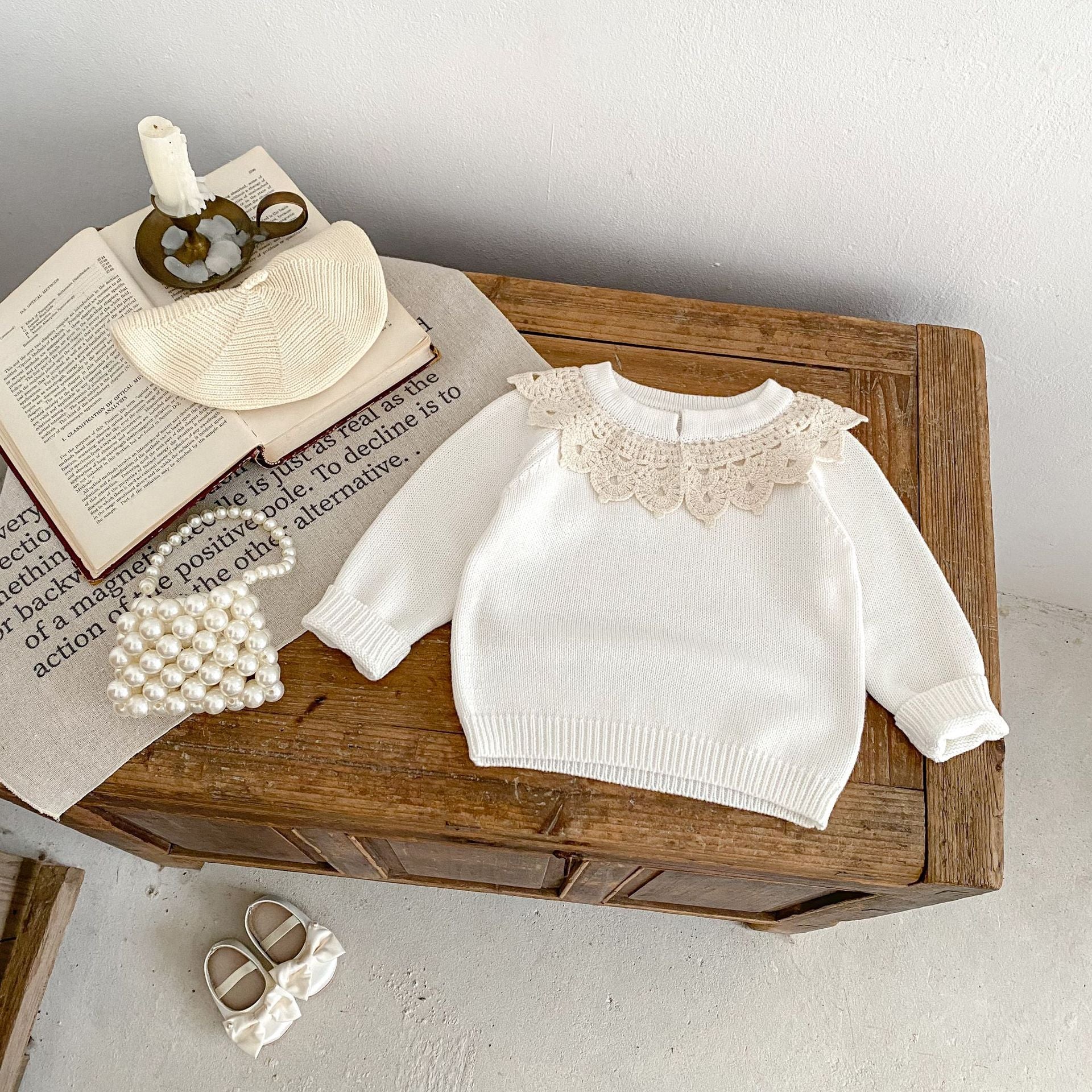 【baby】ベージュレースホワイト ニットトップス CawaKomostore