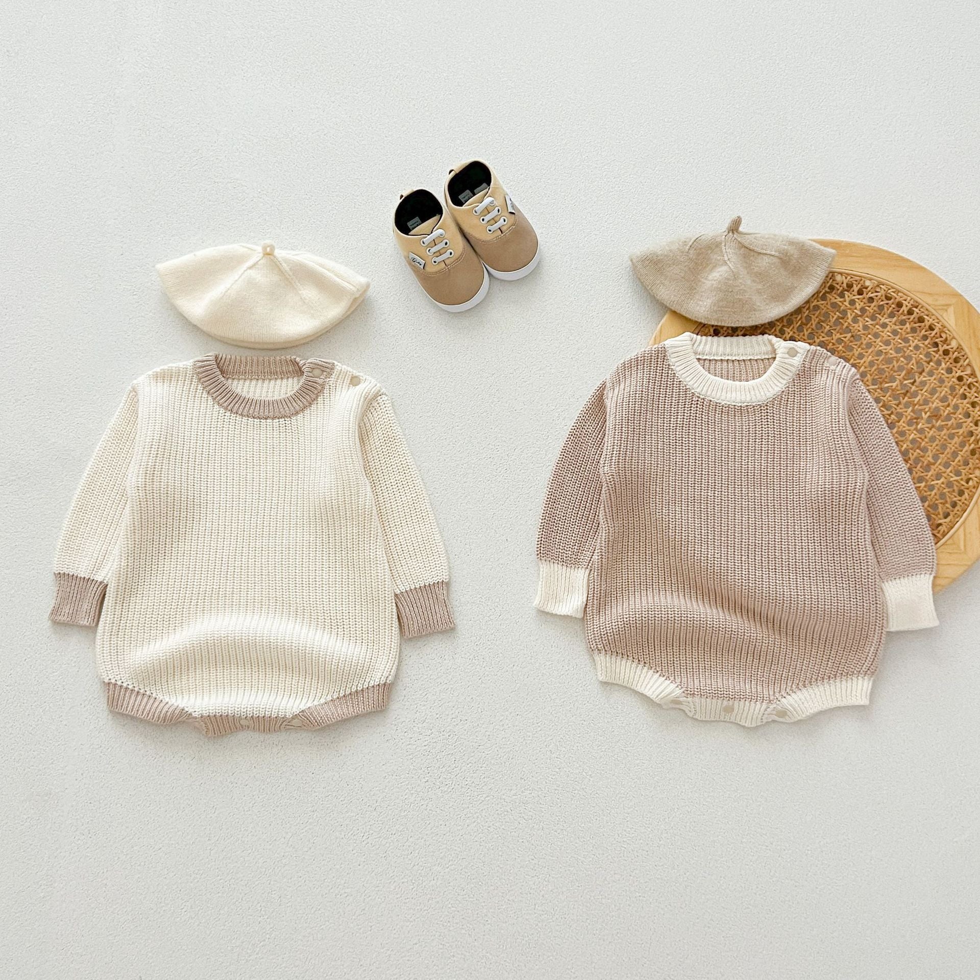 【BABY】リンガーデザインニットロンパース(pinkbeige/white)