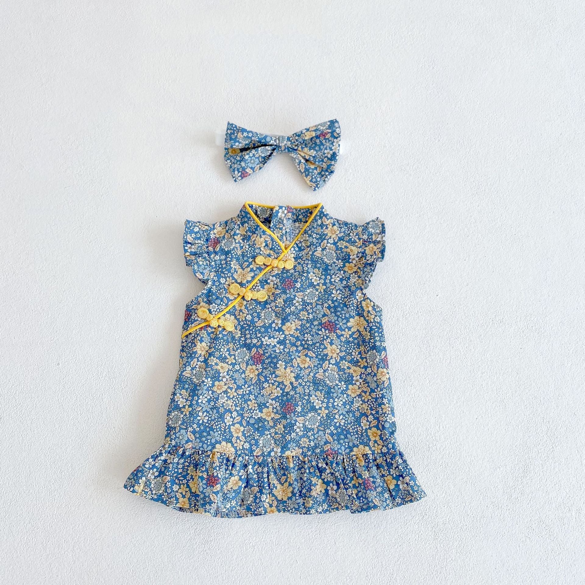 【BABY】青チャイナ結び ワンピース / ロンパース CawaKomostore