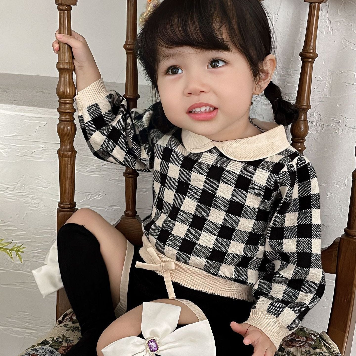 【BABY】ニットチェック柄、ウサギブルマセットアップ
