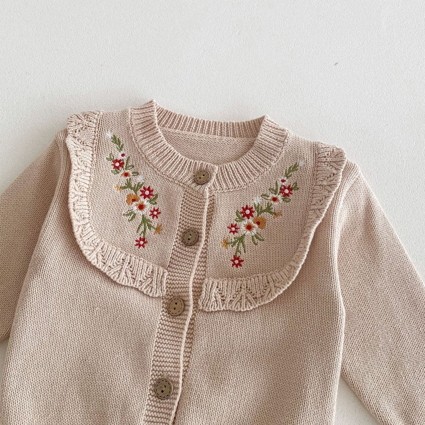 【BABY】花柄刺繍ワンカラーセットアップ(green/pink)