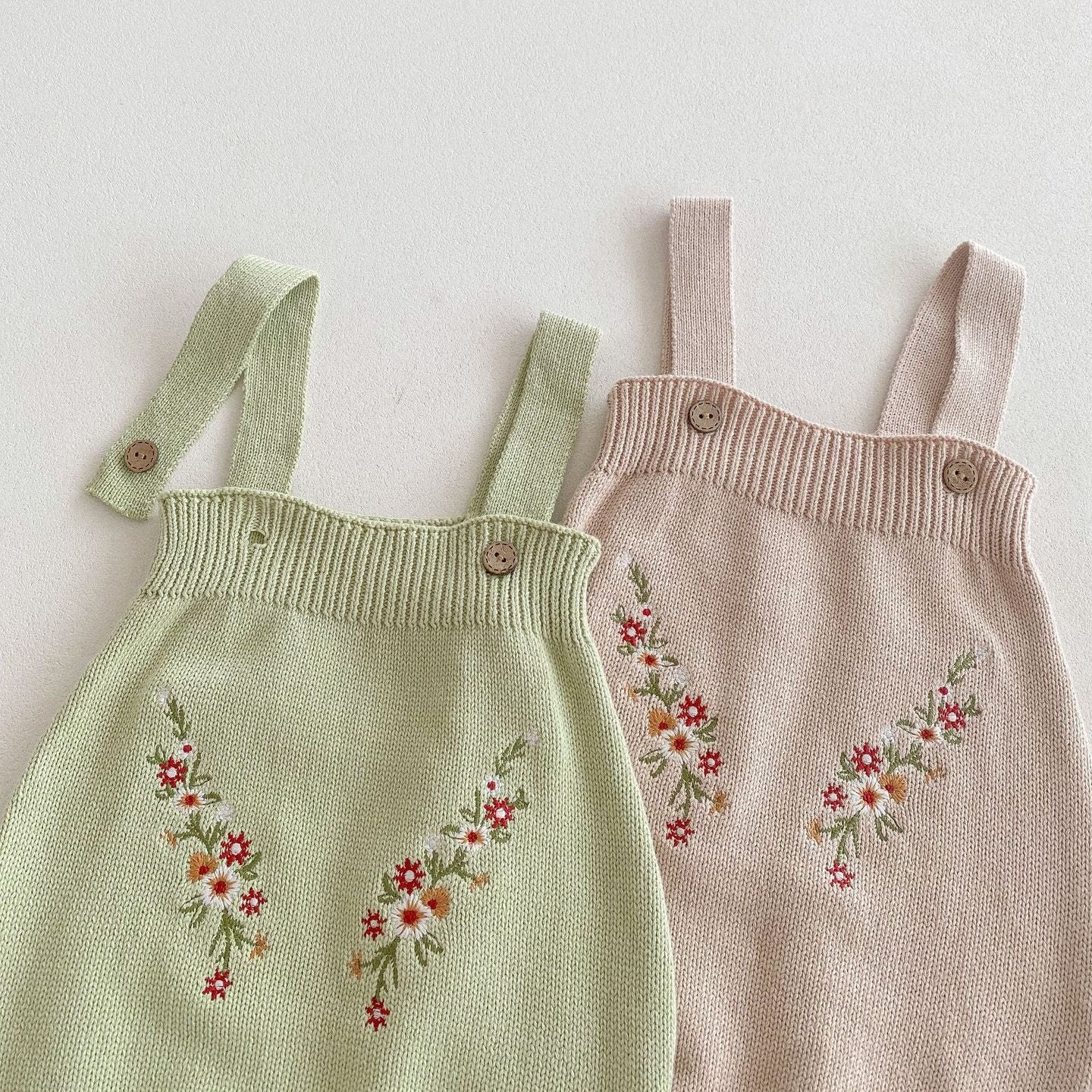 【BABY】花柄刺繍ワンカラーセットアップ(green/pink)