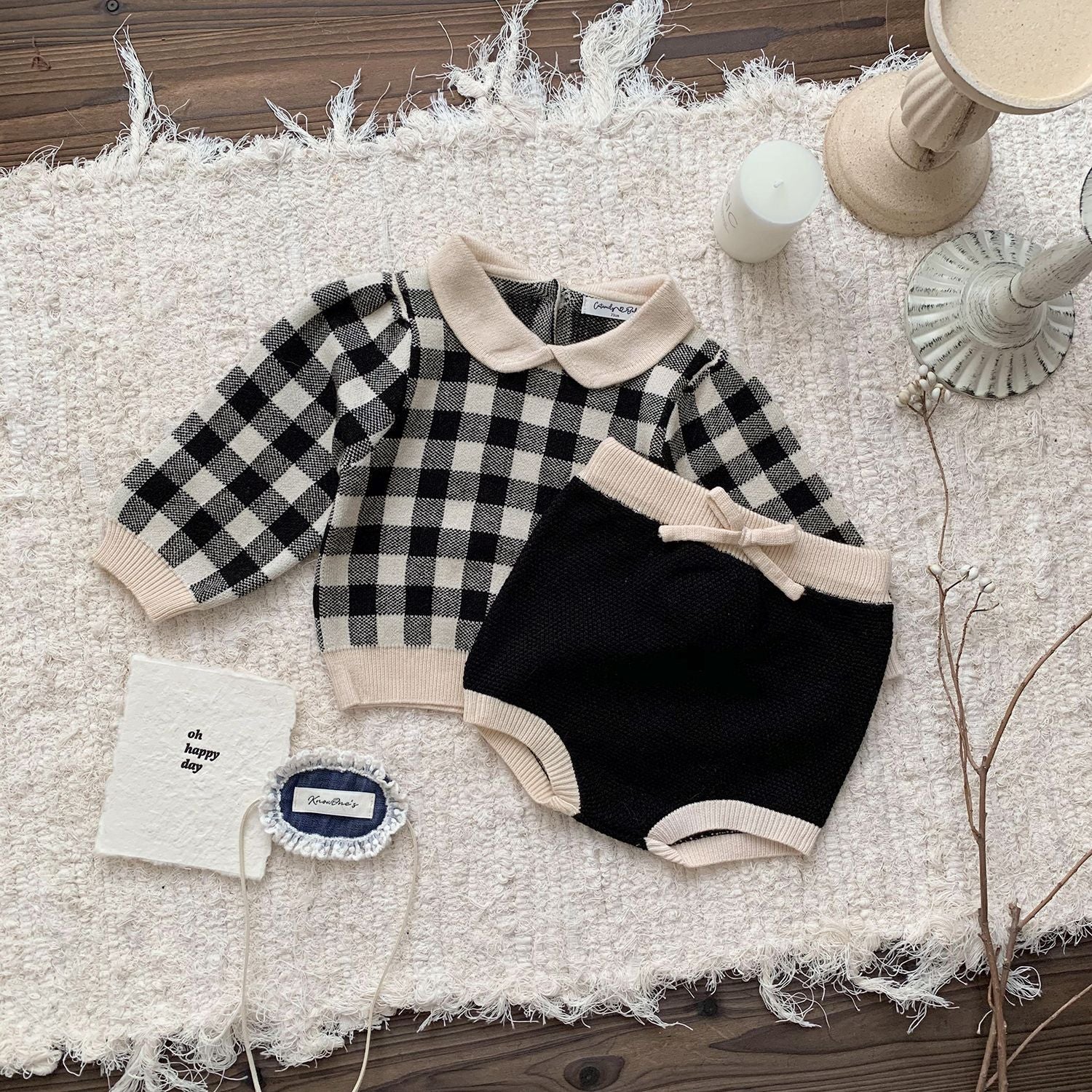 【BABY】ニットチェック柄、ウサギブルマセットアップ