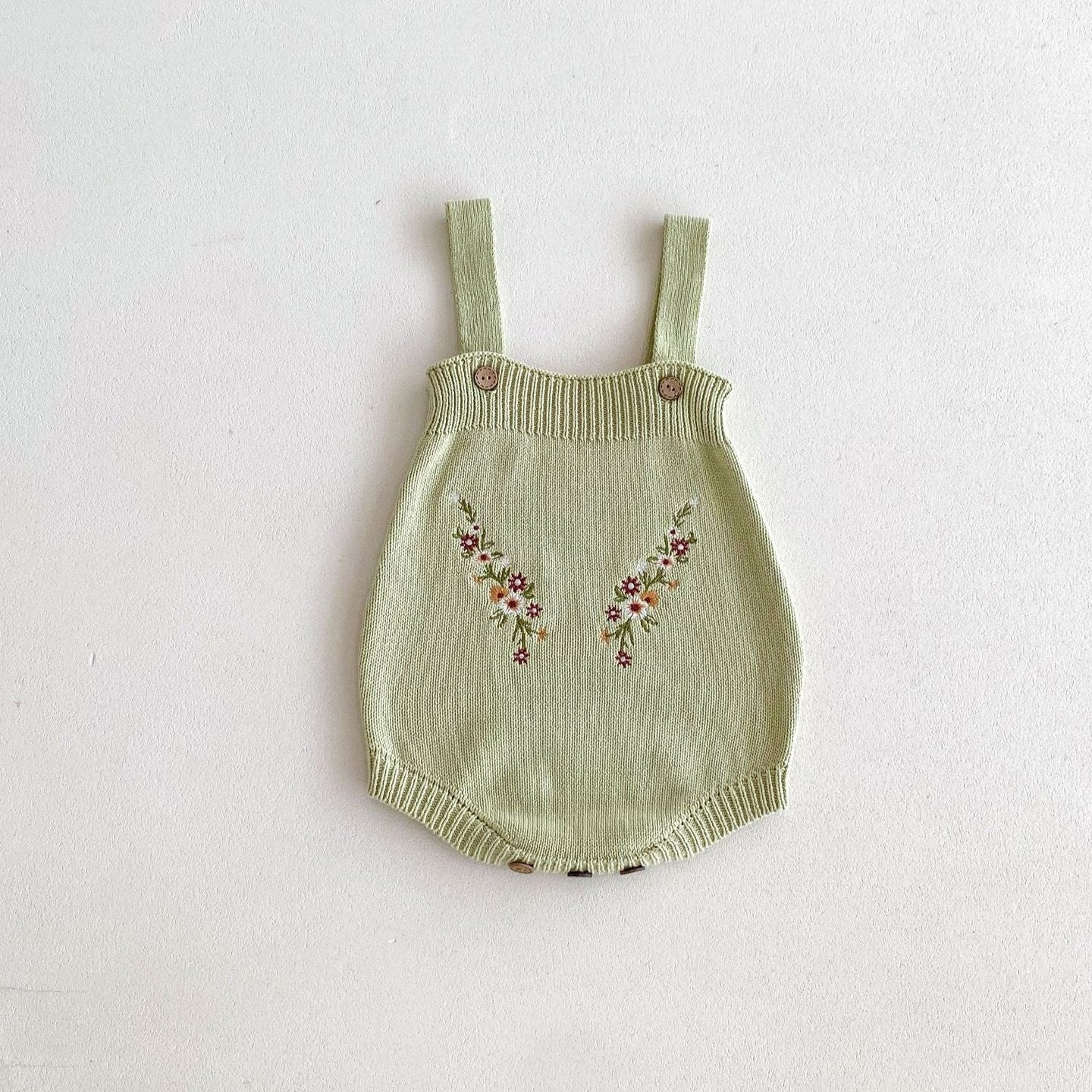 【BABY】花柄刺繍ワンカラーセットアップ(green/pink)