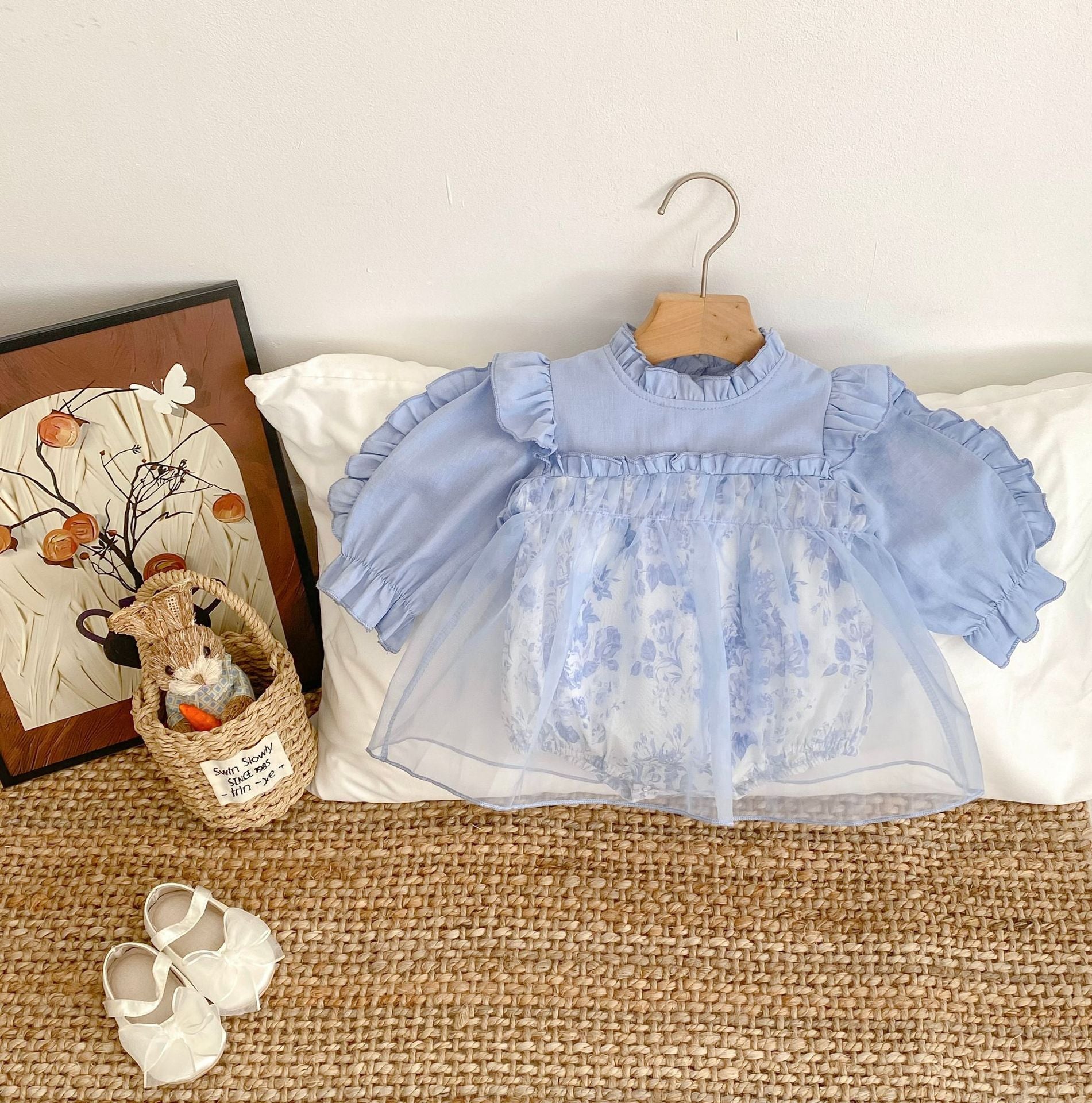 【BABY】縁取りフリルレースロンパース(blue)