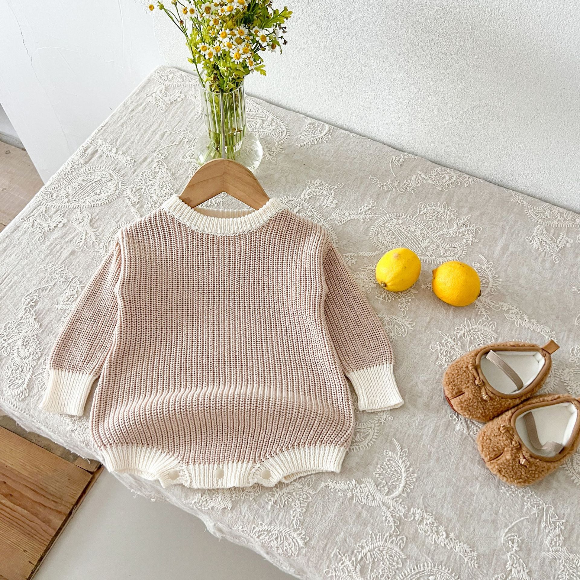 【BABY】リンガーデザインニットロンパース(pinkbeige/white)