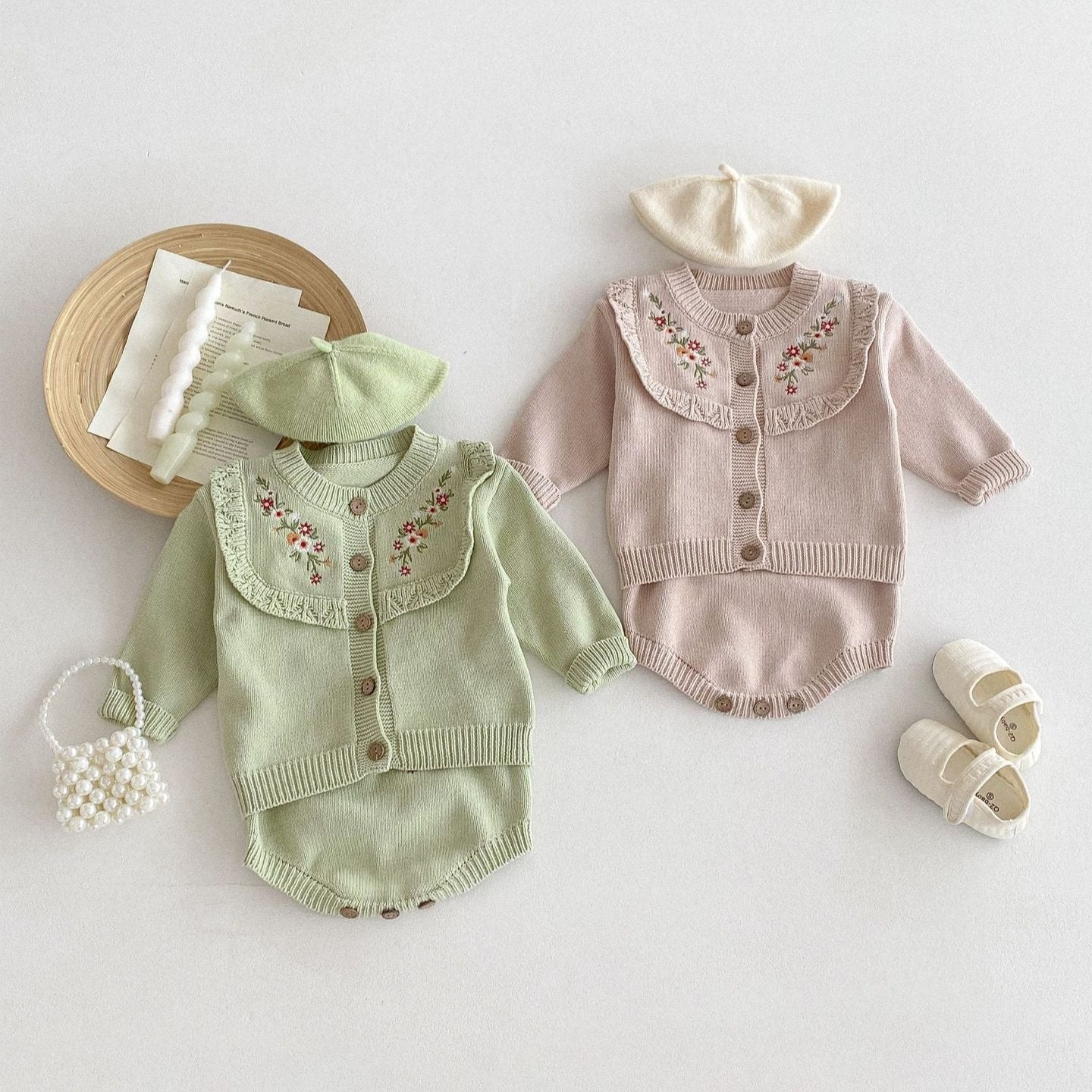 【BABY】花柄刺繍ワンカラーセットアップ(green/pink)
