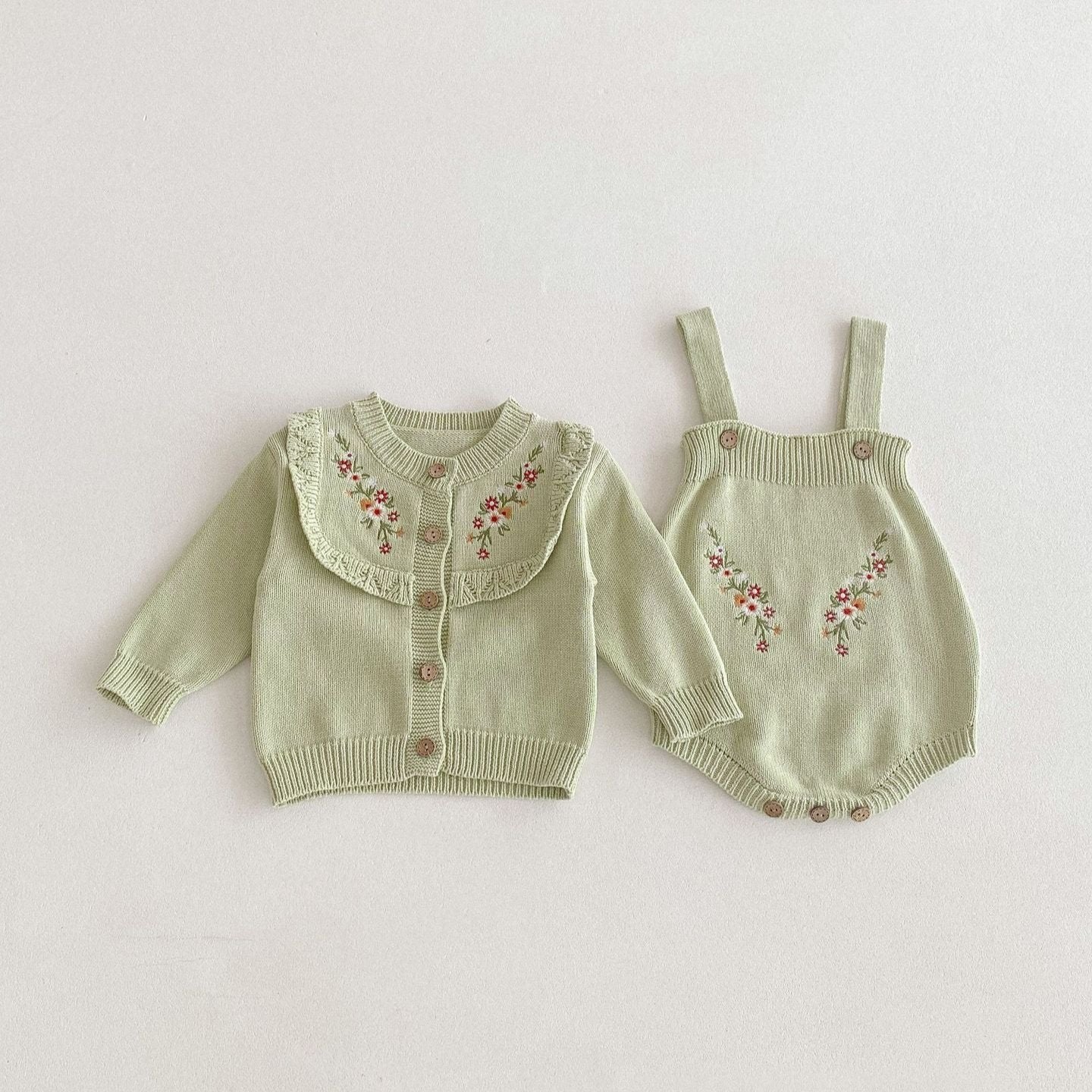 【BABY】花柄刺繍ワンカラーセットアップ(green/pink)