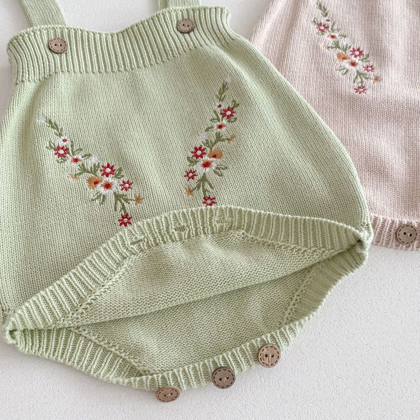 【BABY】花柄刺繍ワンカラーセットアップ(green/pink)