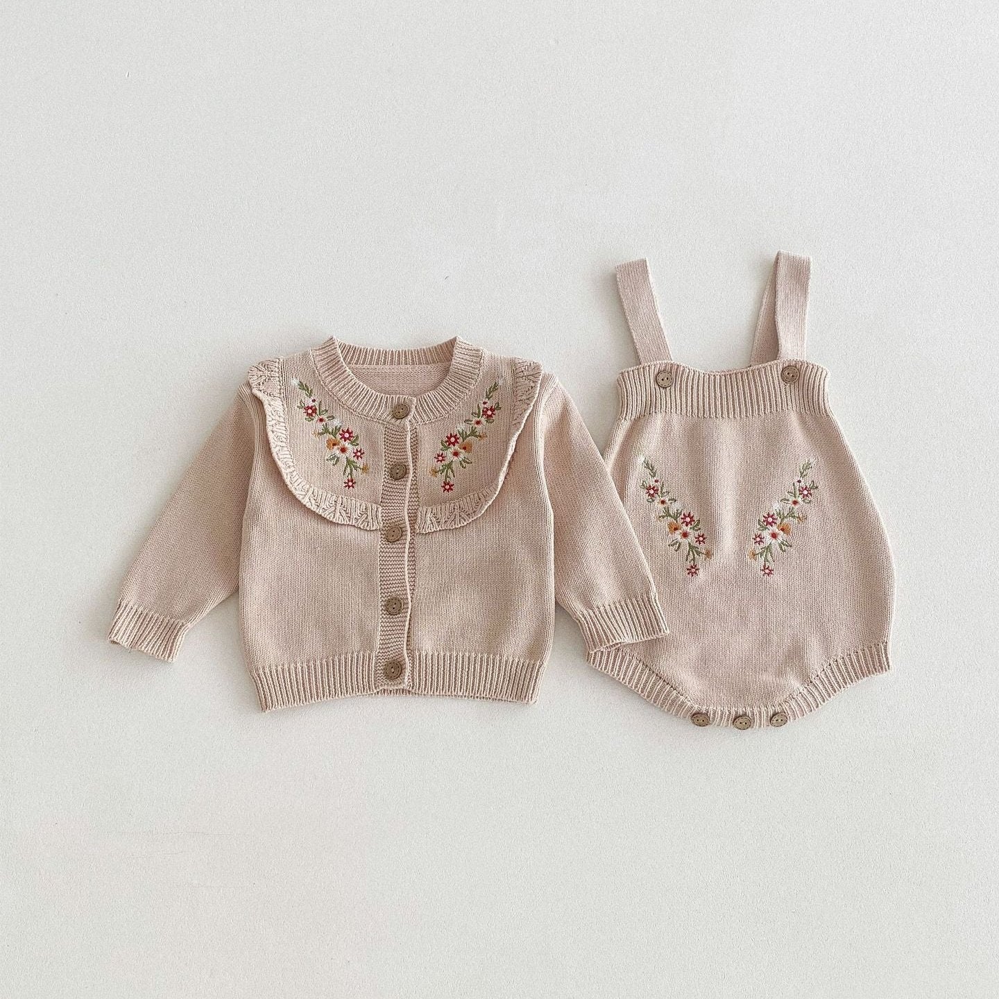 【BABY】花柄刺繍ワンカラーセットアップ(green/pink)