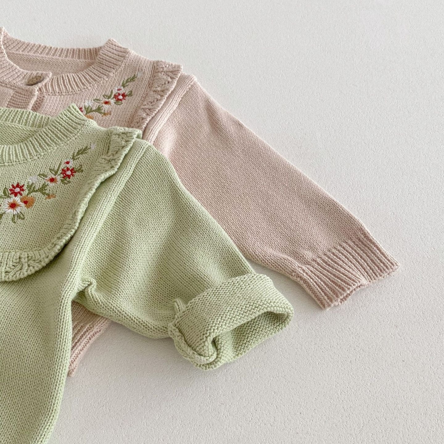 【BABY】花柄刺繍ワンカラーセットアップ(green/pink)