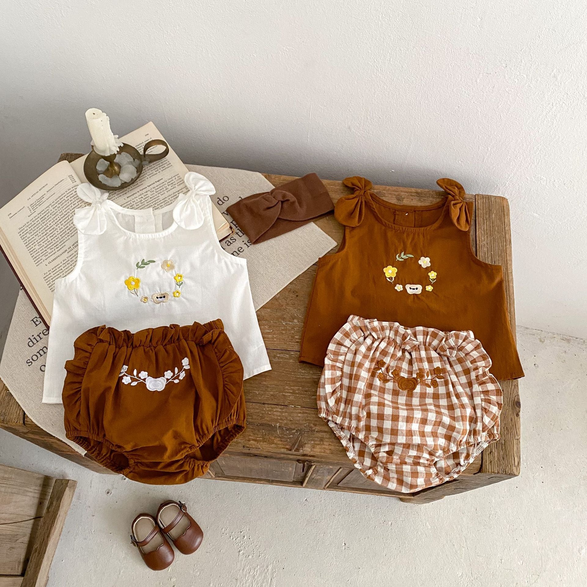 【BABY】リボン付き花＆クマ刺繡 セットアップ CawaKomostore