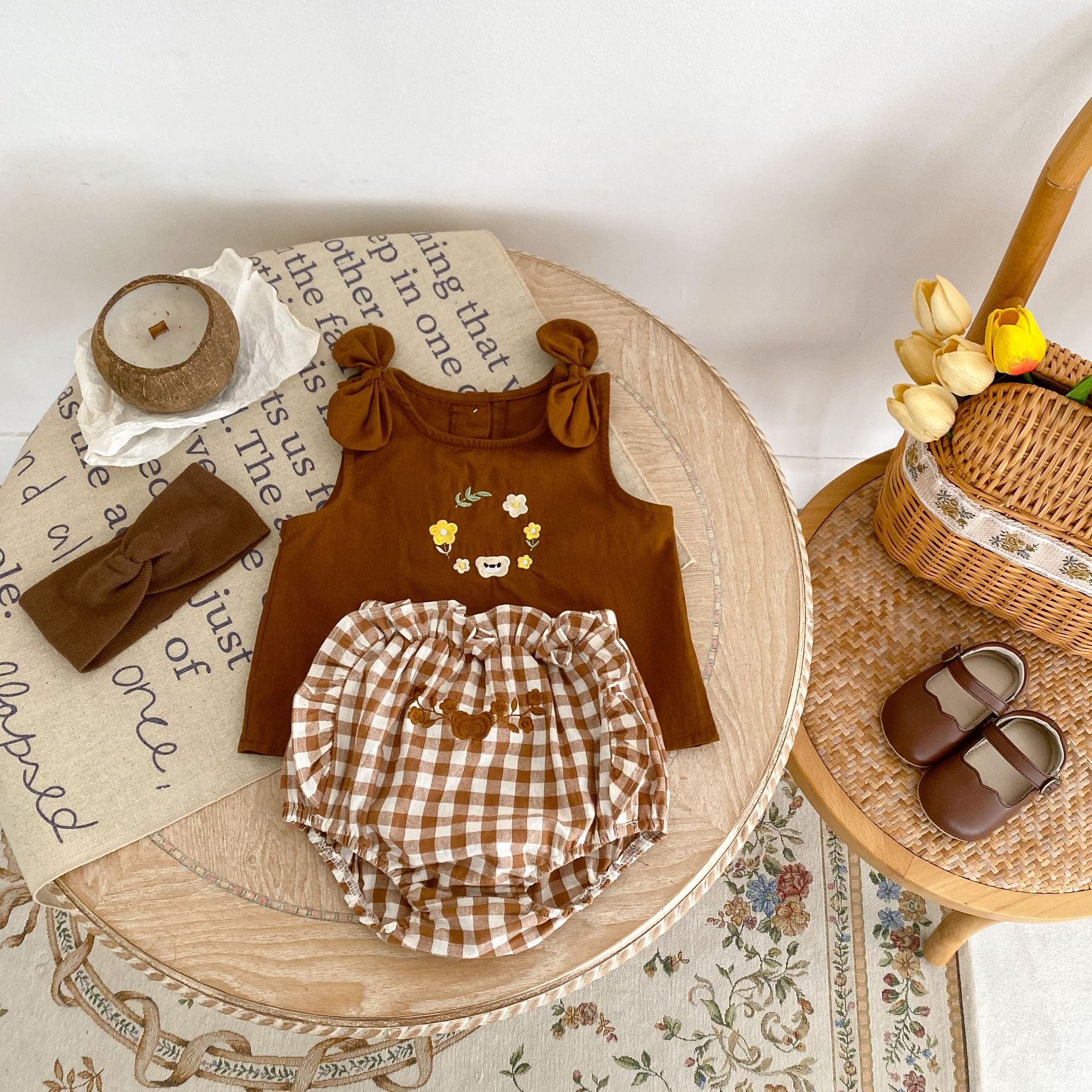 【BABY】リボン付き花＆クマ刺繡 セットアップ CawaKomostore