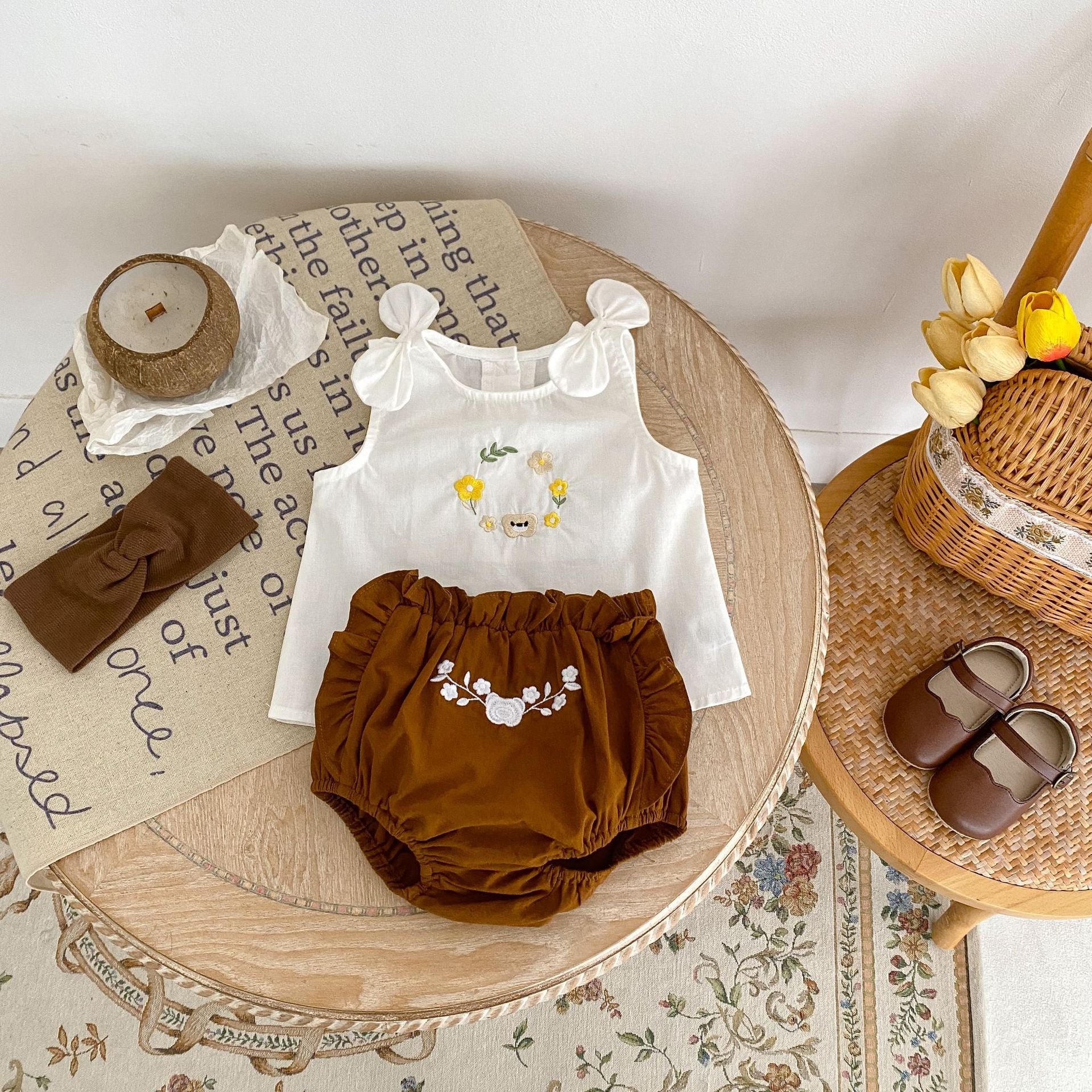 【BABY】リボン付き花＆クマ刺繡 セットアップ CawaKomostore