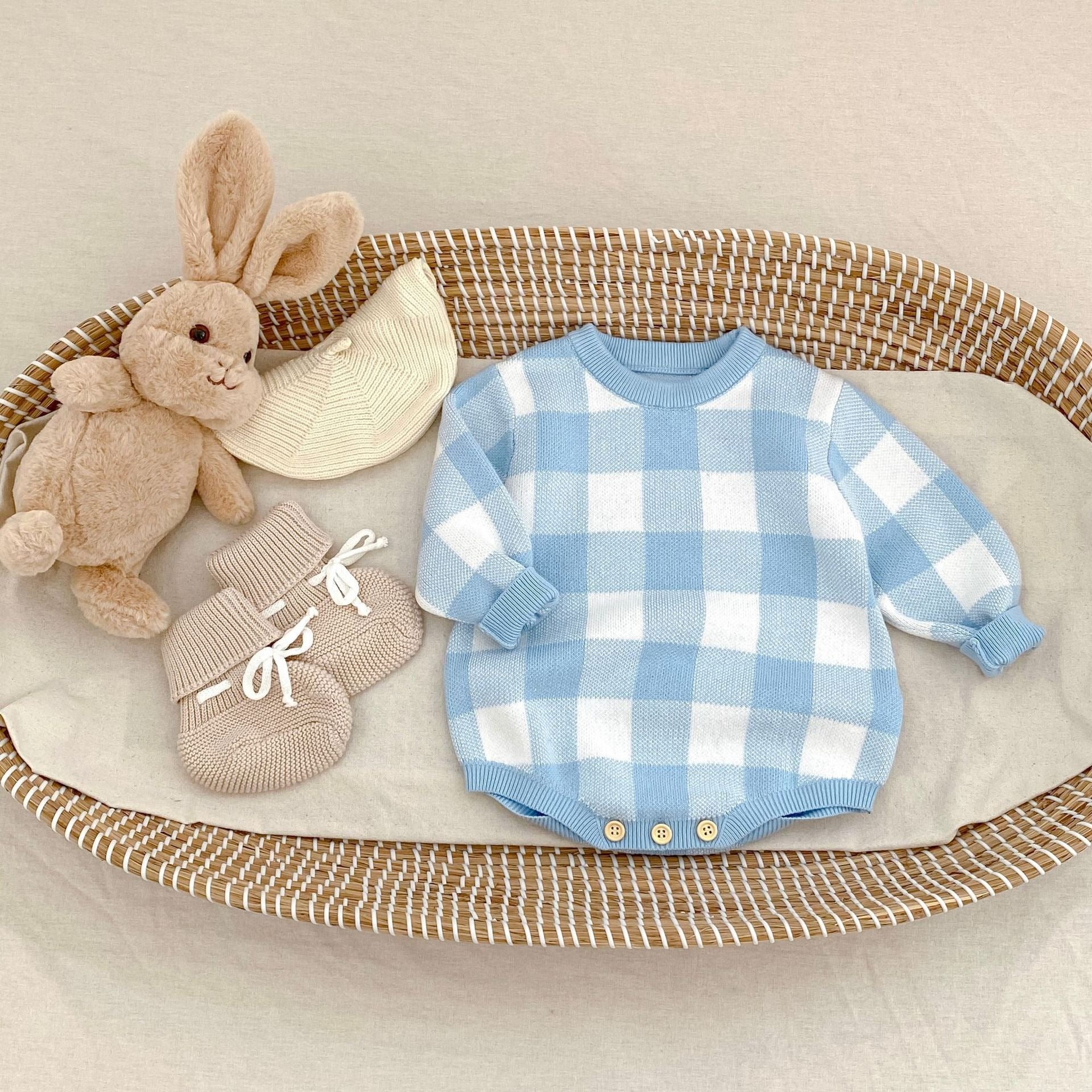 【BABY】ギンガムチェックニットロンパース2color
