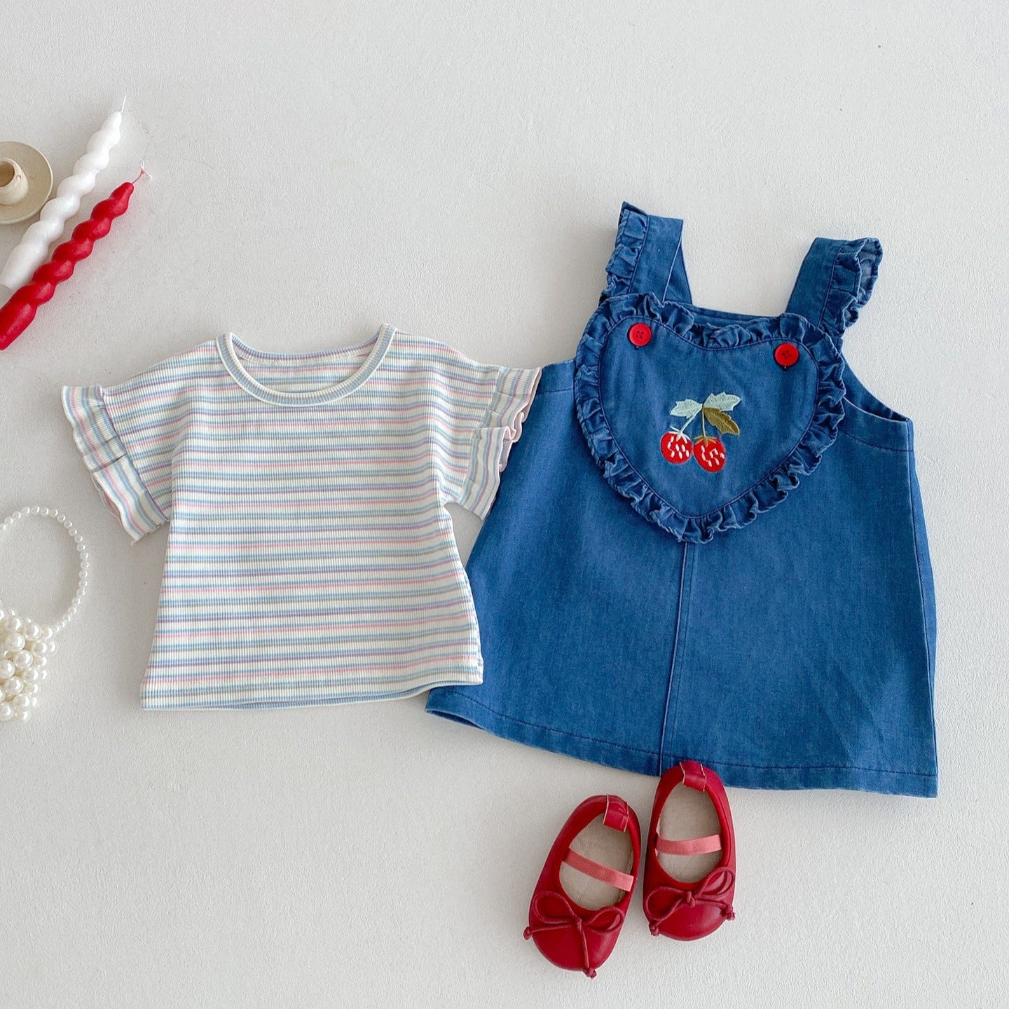 【BABY】チェリー刺繍デニムセットアップ(サロペット＆Tシャツ)