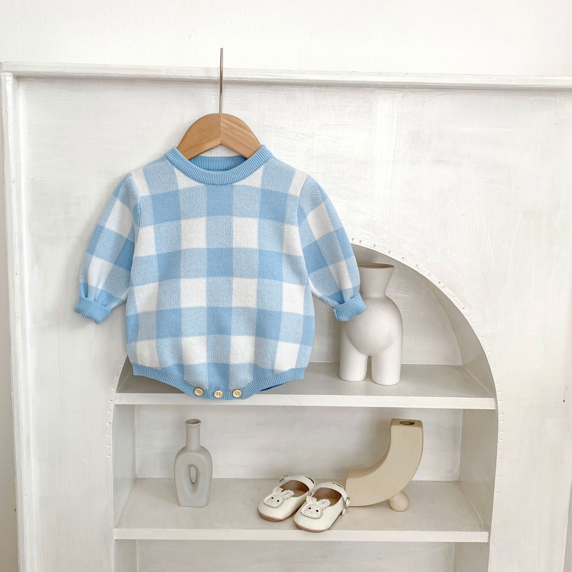 【BABY】ギンガムチェックニットロンパース2color