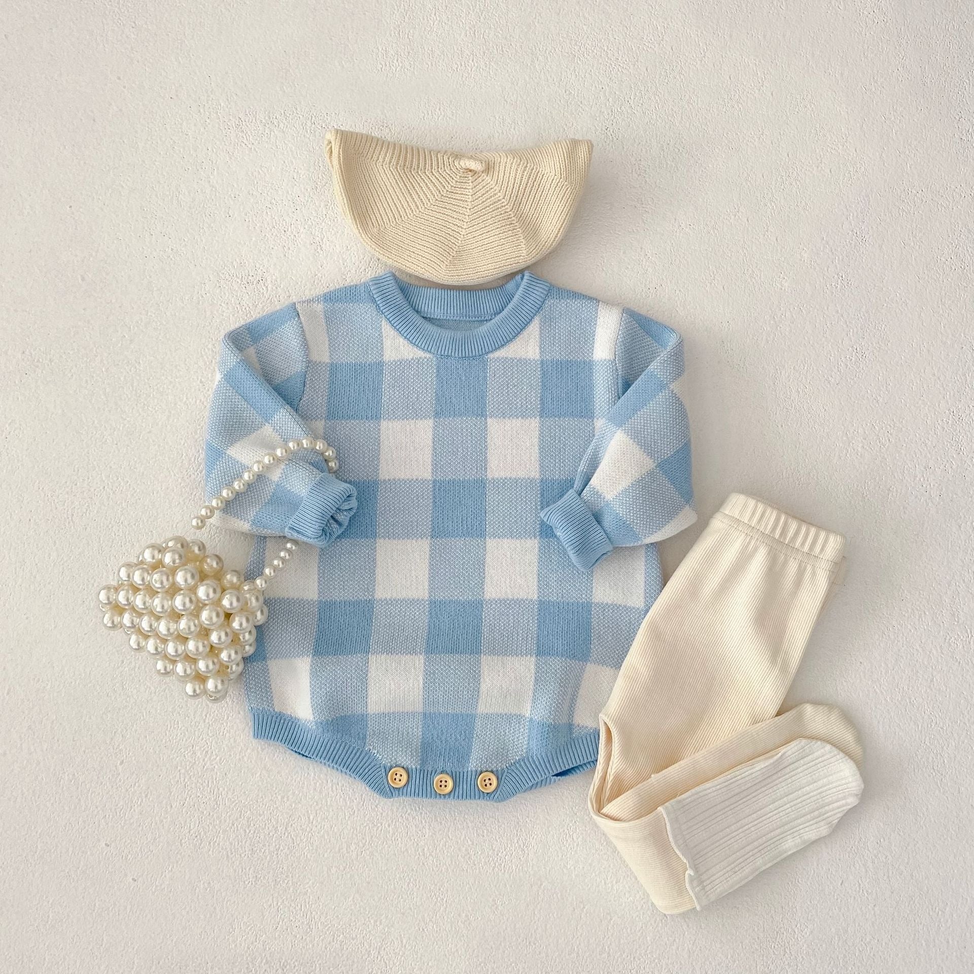 【BABY】ギンガムチェックニットロンパース2color